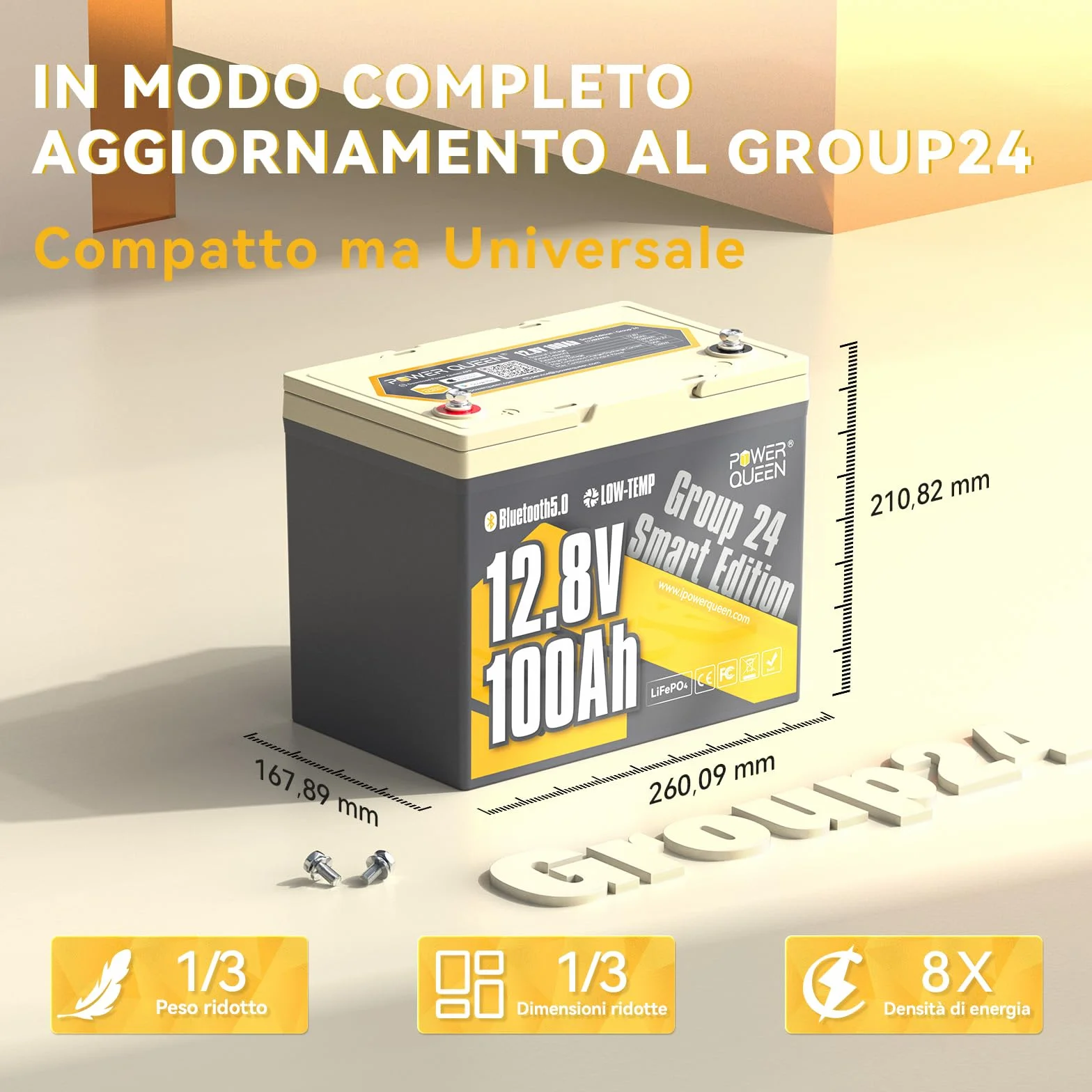 Power Queen 12V100Ah Bluetooth Gruppo24 Batteria al litio LiFePO4,Protezione dalle Bassa Temperatura con 100A BMS, Energia 1280Wh,15000 Cicli per Rimorchio RV,Trolling motor,Barco,Solare,Fuori Rete.