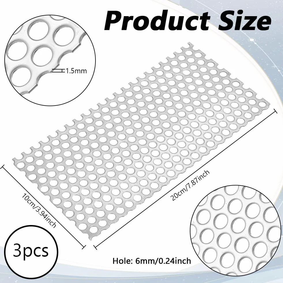 NBEADS 3 pz Lamiera Forata, Lamiera Espansa A Maglie Sfalsate con Fori Da 6mm Lamiera Preforata In Acciaio Inossidabile per Ventilazione e Filtrazione Dei Fumi, 20x10cm, Spessore 1.5mm