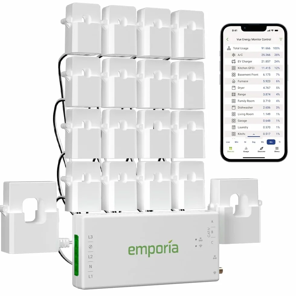Smart Home Energy Monitor con 16 sensori di livello del circuito da 50 A | Vue - Monitor/misuratore di elettricità in tempo reale | Misurazione solare/netto