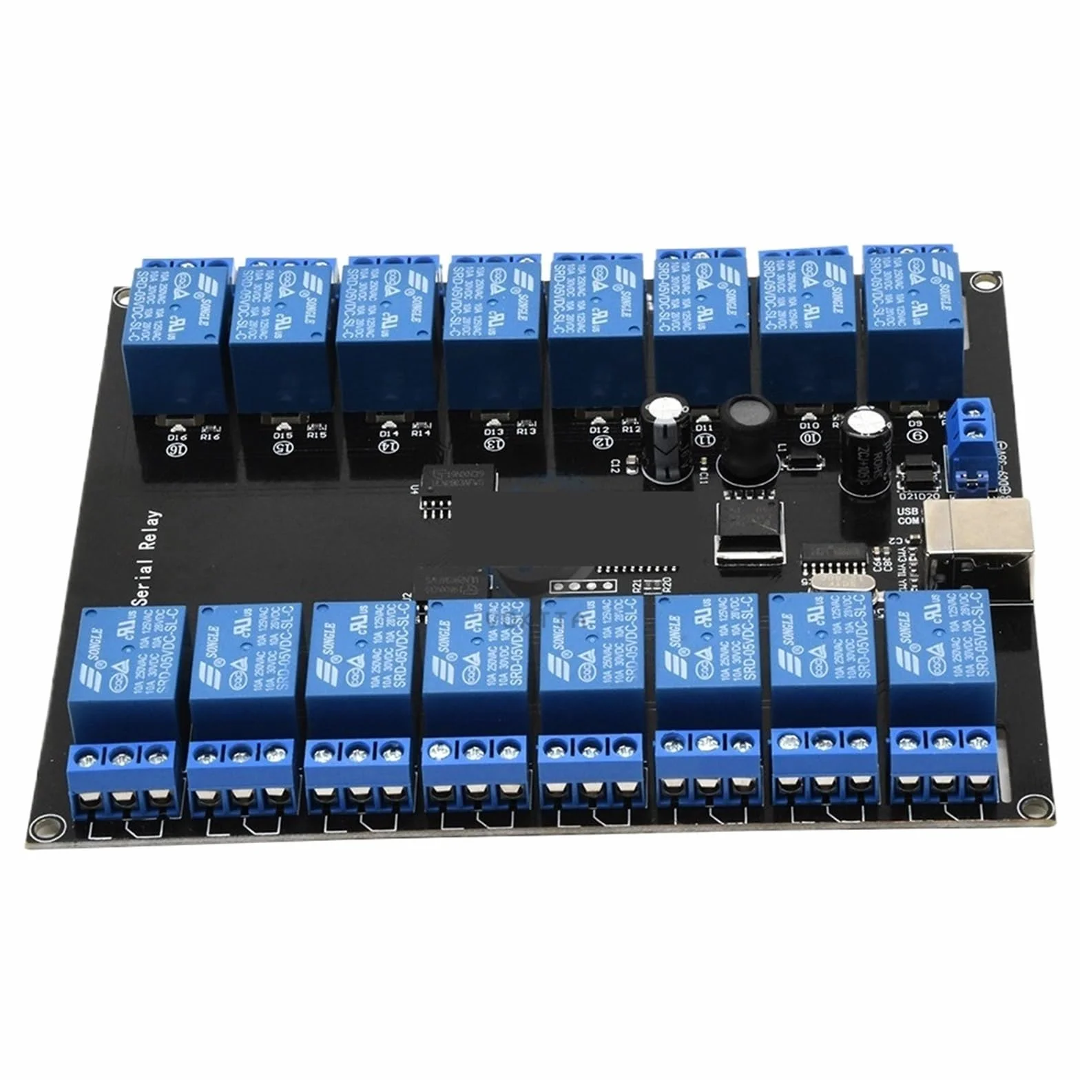 Modulo relè seriale a 16 canali DC 7V-38V, 16 canali, 10A, carico 250V, alimentatore USB, scheda di sviluppo, modulo relè, scheda relè USB