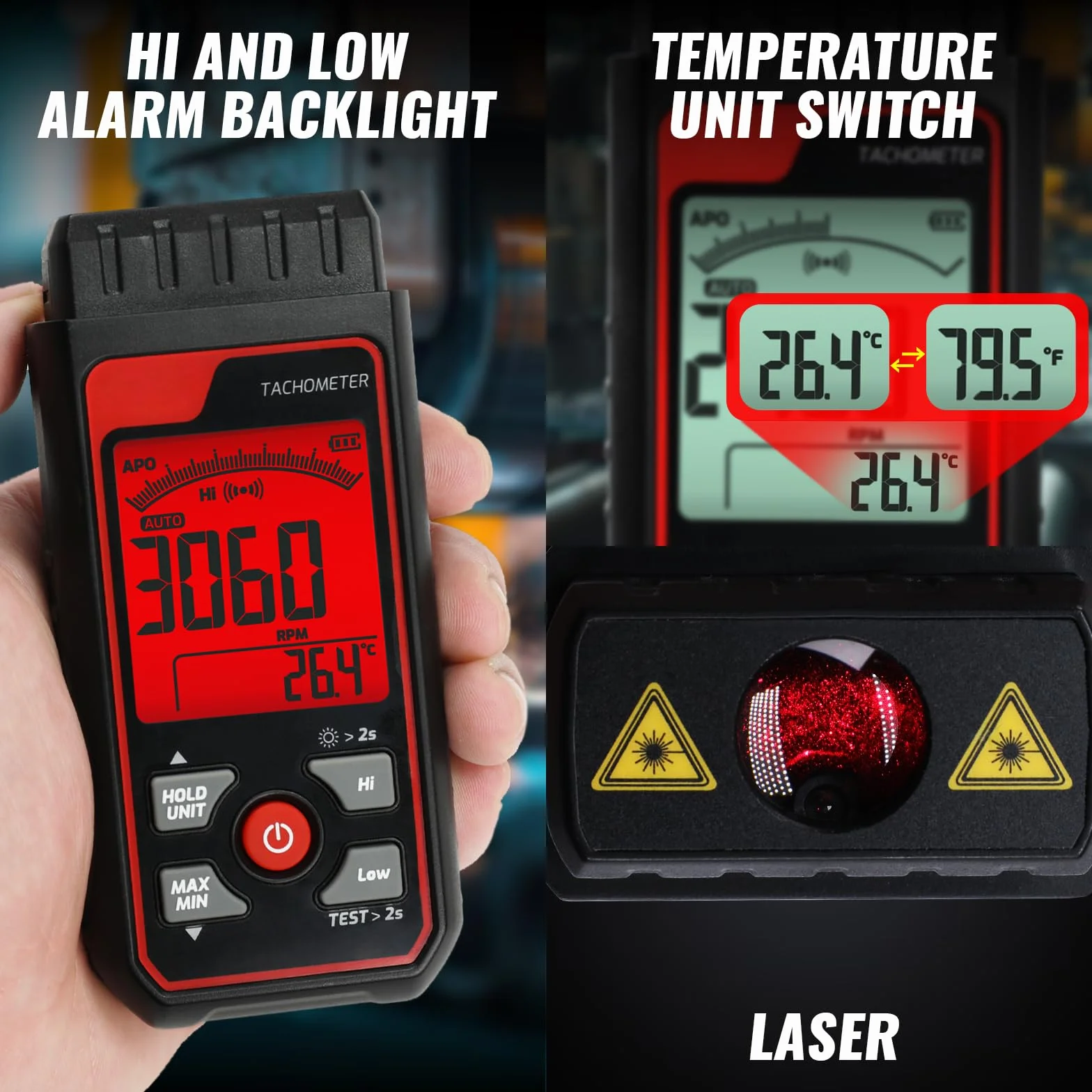 Tachimetro Digitale Sensore Fotografico Laser Senza Contatto Tachimetro di Velocità di Rotazione, Gamma da 2,5 a 99999 giri/min Alta Precisione con Funzione di Allarme Retroilluminazione Scala a Barre