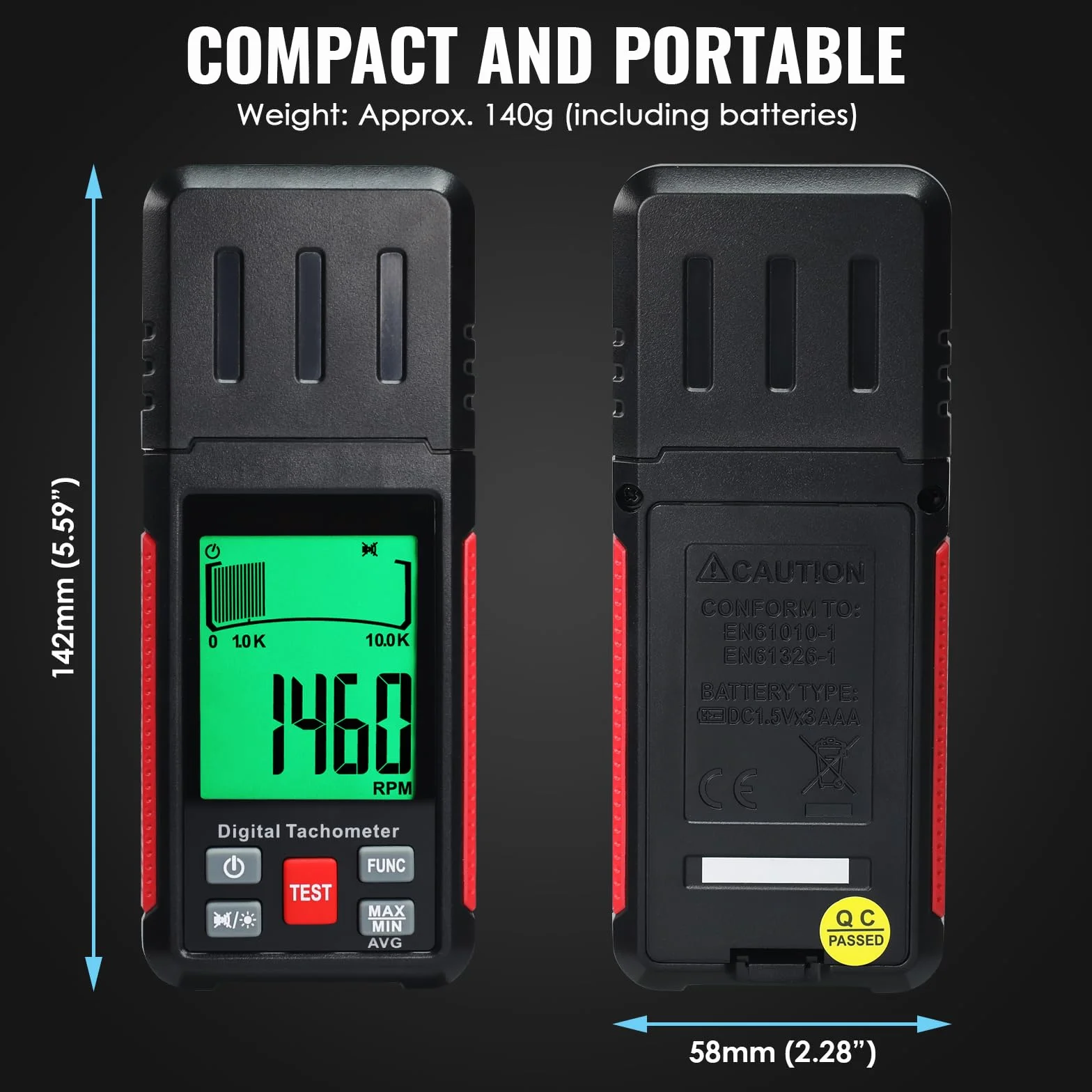 Tachimetro laser contactless RPM 10-99999 giri/min, alta precisione con nastro riflettente, retroilluminazione LCD e max/min/media, funzione di supporto dati, sensore di rotazione per gebra domestica