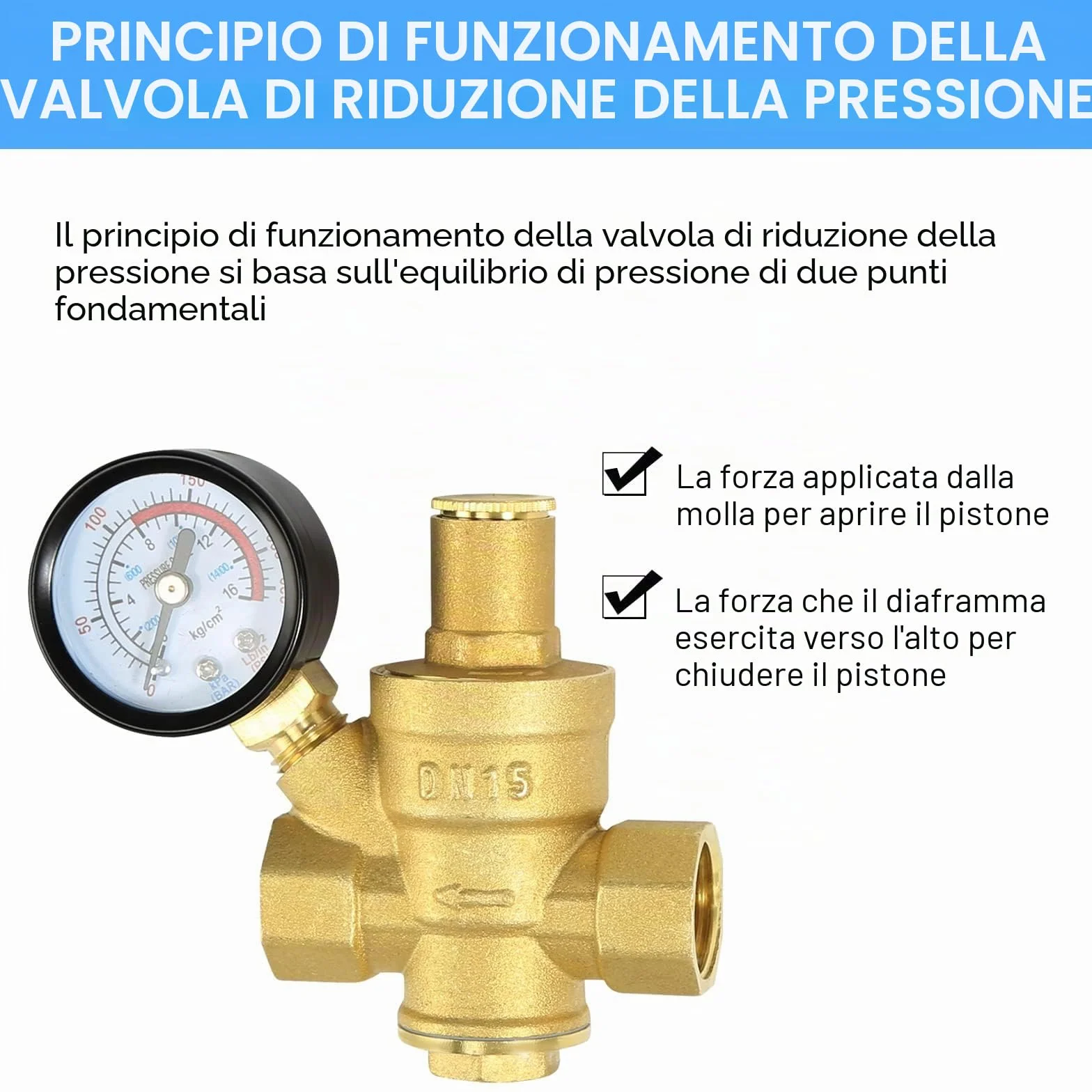 Regolatore di Pressione Acqua 1/2 pollice DN15 Ottone, Riduttore con Manometro
