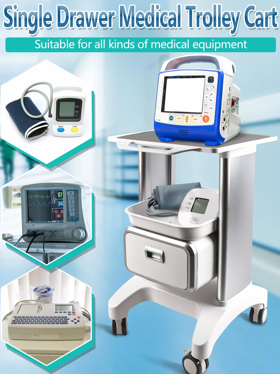 EBANKU Carrello medico con ruote, carrello professionale con cassetto, dotato di cuscinetti antiscivolo, per clinica, spa, ufficio, camera da letto