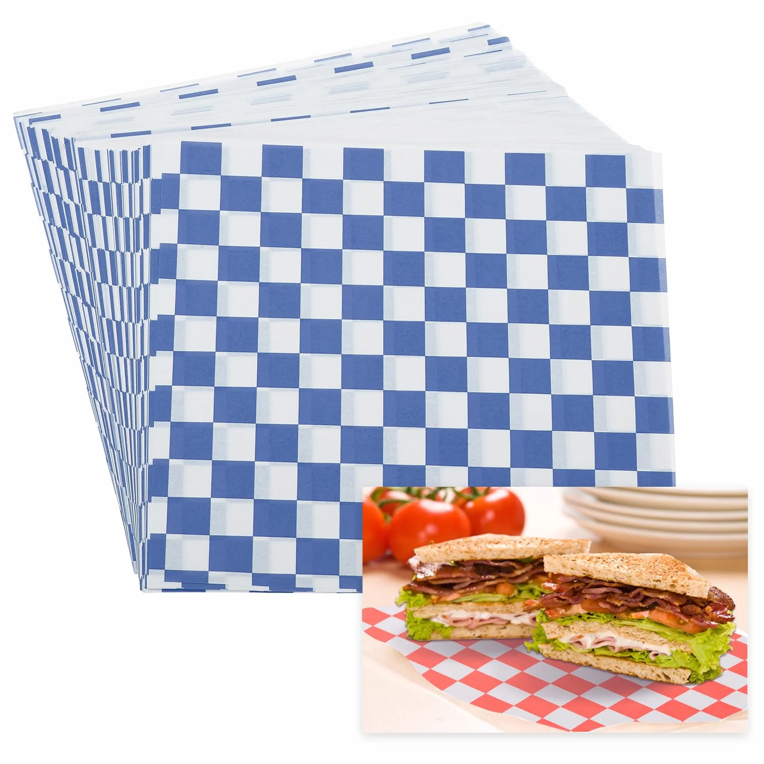 PATIKIL Fogli Di Carta Cerata 15cm x 15cm, 100Pz Carta Assorbente Per Alimenti Con Motivo A Quadri Per Panificio Caffetteria Cucina Domestica Fai Da Te, Blu