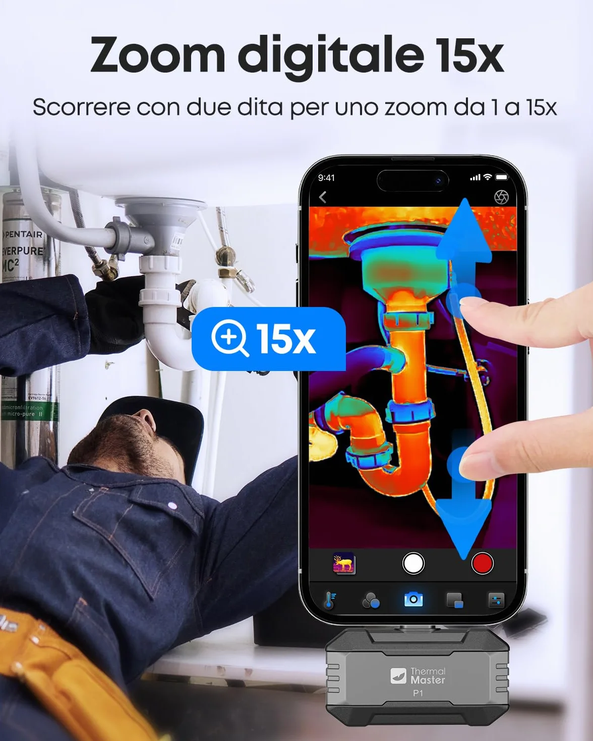 Telecamera termica Thermal Master P1 per iPhone 15/16 e Android | Fotocamera a infrarossi con risoluzione IR X³ 320x240, -20℃-600℃ | Ispezione domestica con zoom 15x