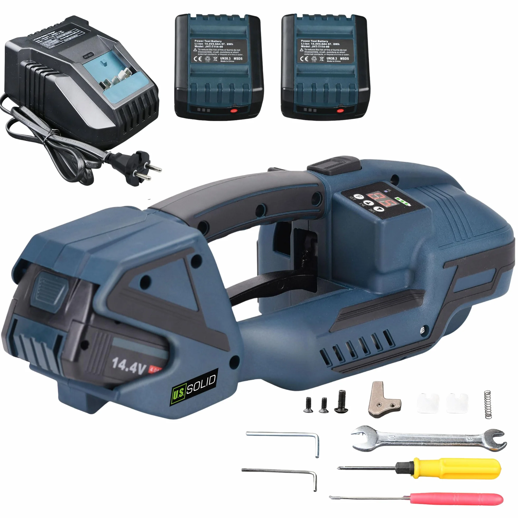 U.S. Solid Reggiatrice automatica con saldatura e schermo LCD – Per nastri PP/PET 13-16 mm, 2 x 4000 mAh batteria ricaricabile, per imballaggio e pallet