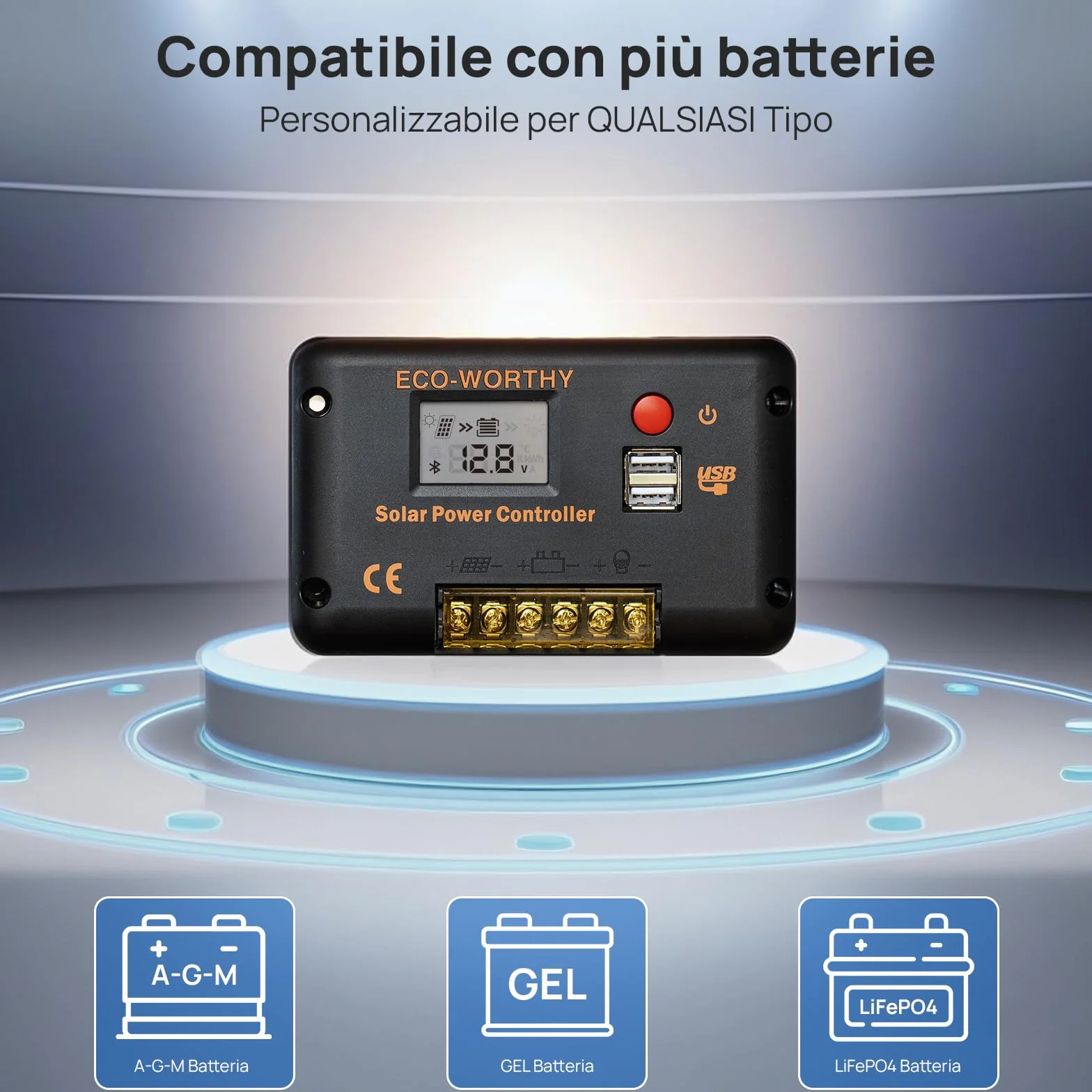 ECO-WORTHY Regolatore di carica pannello solare PWM 30A per Pannelli Solari e Batterie, Regolatore Intelligente con 2 Porte USB, PWM 12/24 V, Adatto per Batterie al litio, al Piombo e al Gel