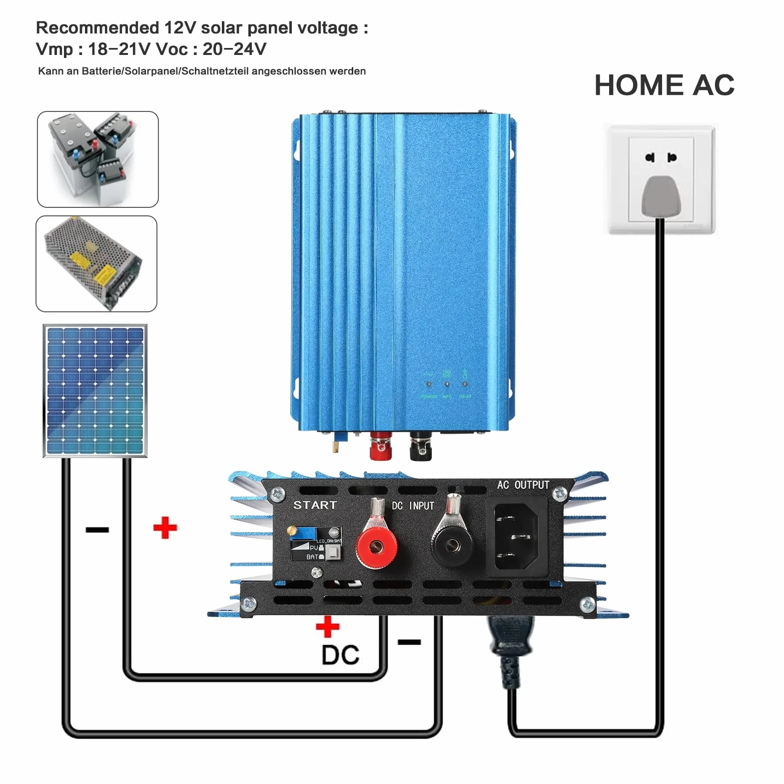 Jadeshay Inverter Solare,500W Grid Tie Inverter MPPT Micro Inverter DC 26V-42V per Pannelli solari e Scarico della Batteria a 24V,Pure Sine Wave Uscita 30W-250W Potenza Regolabile