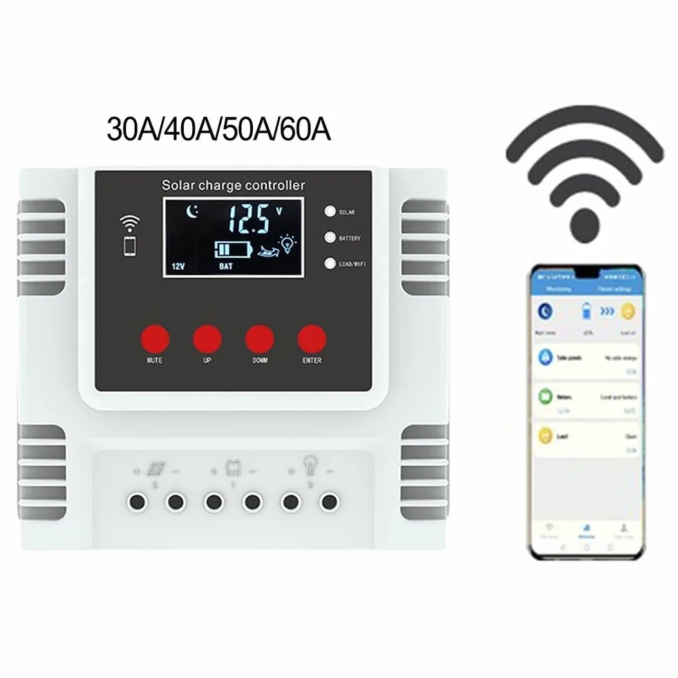 Regolatore di carica solare, regolatore intelligente della batteria del pannello solare con doppia porta USB, controllo della luce del timer, display LCD, con controllo APP WiFi (60A)