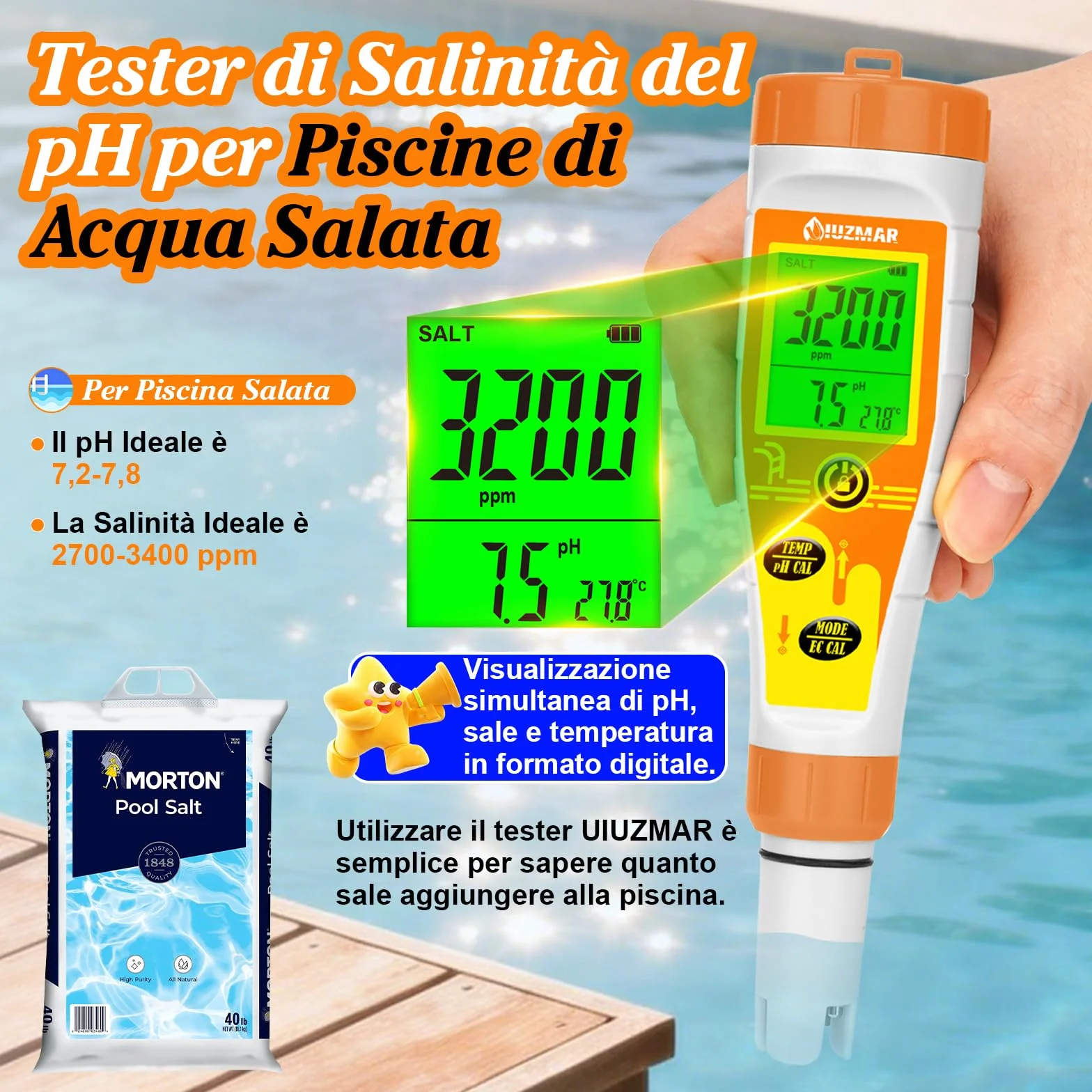 UIUZMAR Misuratore Salinità e pH Acqua, Misuratore pH Sale per Piscina, Misuratore Salinita pH EC TDS Temp 5 in 1 per Acquario Marino, Piscina Salata, Acqua Potabile, Idroponica