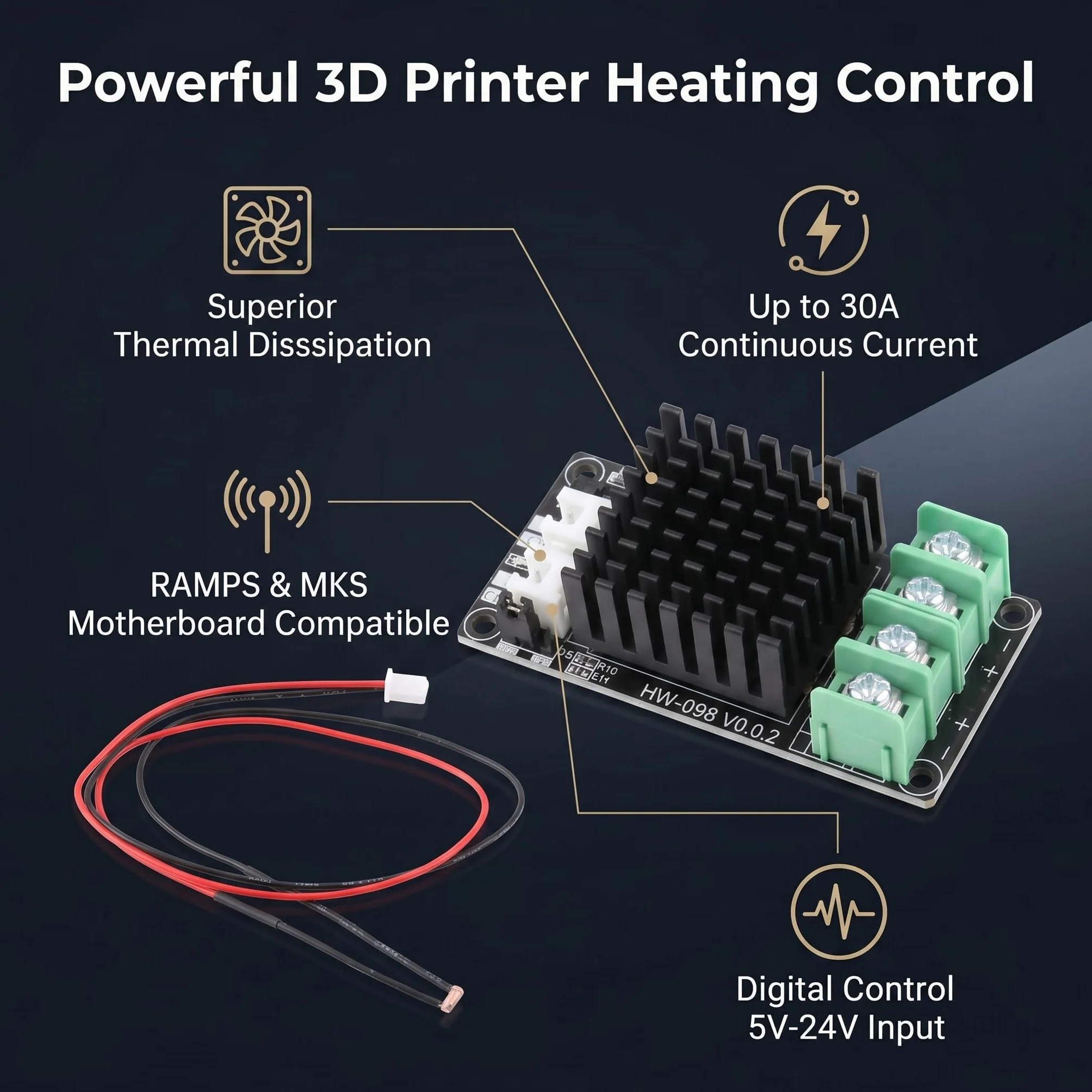 Modulo MOSFET 30A per Stampante 3D, Regolatore Temperatura Letto Riscaldato, Controllo Riscaldamento 3D Printer, Dimensioni 66,6x32mm