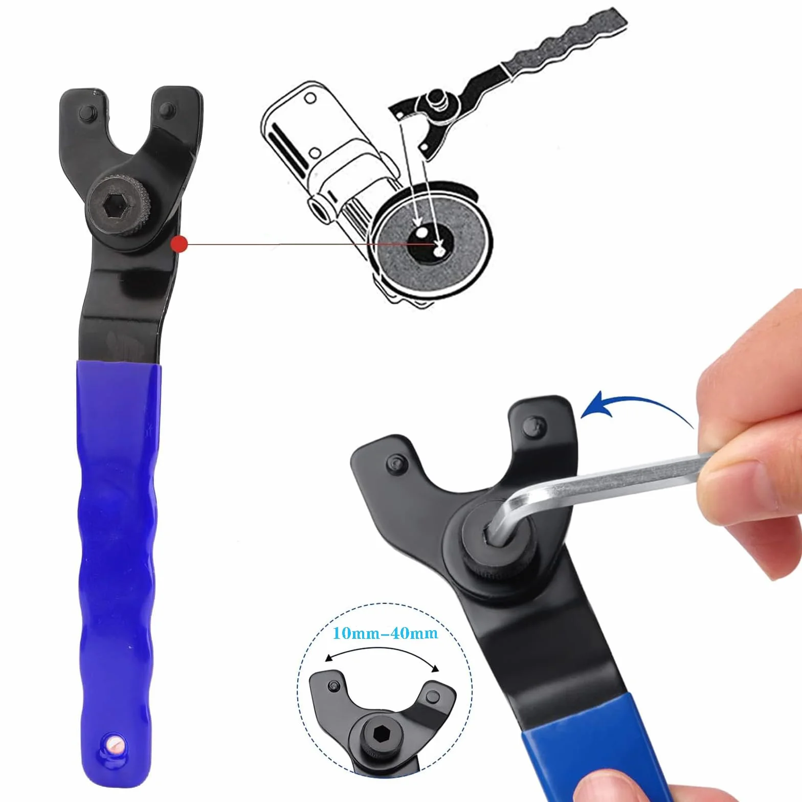 Chiave a brugola per smerigliatrice angolare regolabile 10-40 mm, manico in plastica 2 pin