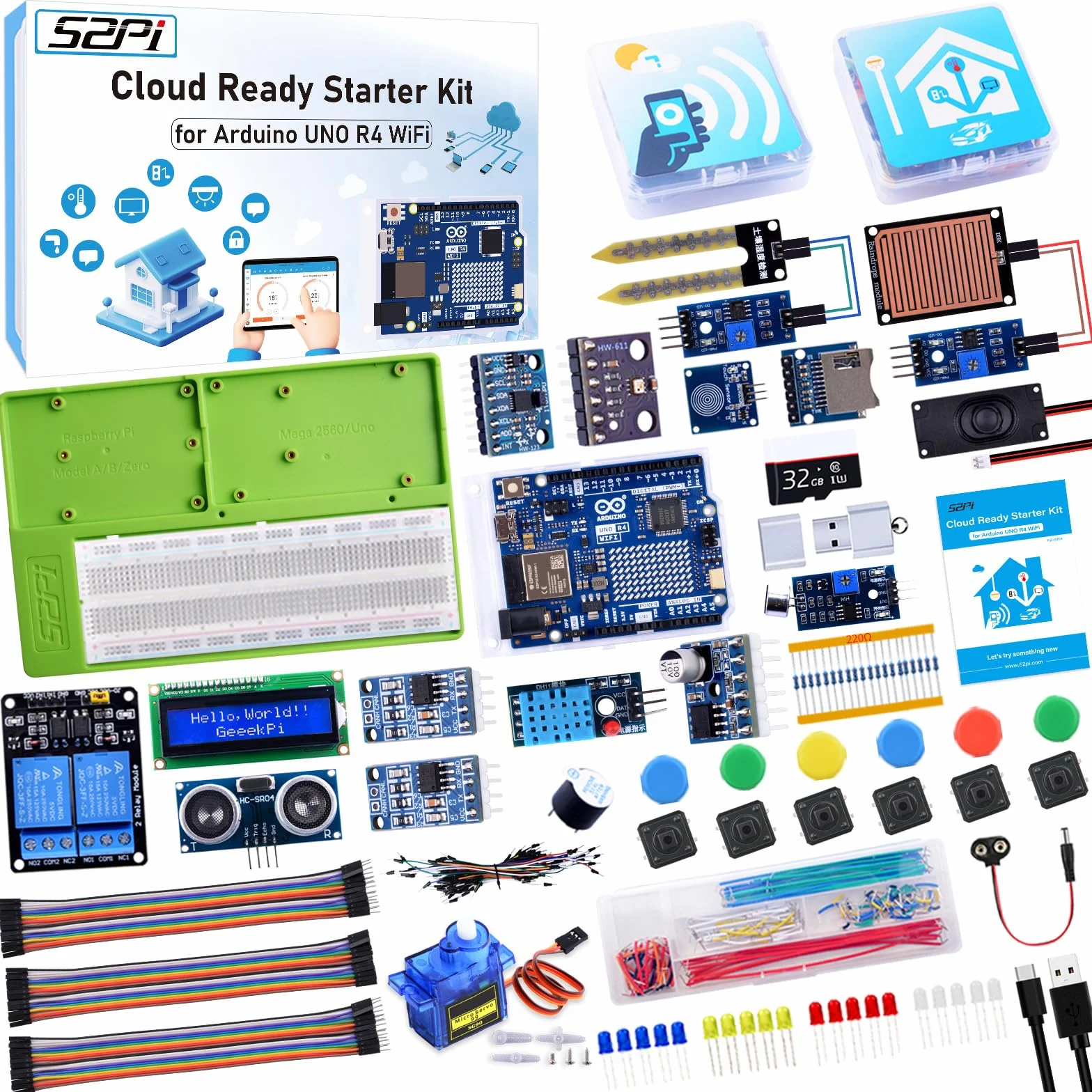 GeeekPi UNO R4 WiFi Ultimate Starter Kit, with Original UNO R4 WiFi, Smart IoT & Basic Sensor Projects with Tutorials, Compatible with Arduino IDE, Includes Various Sensors and Accessories