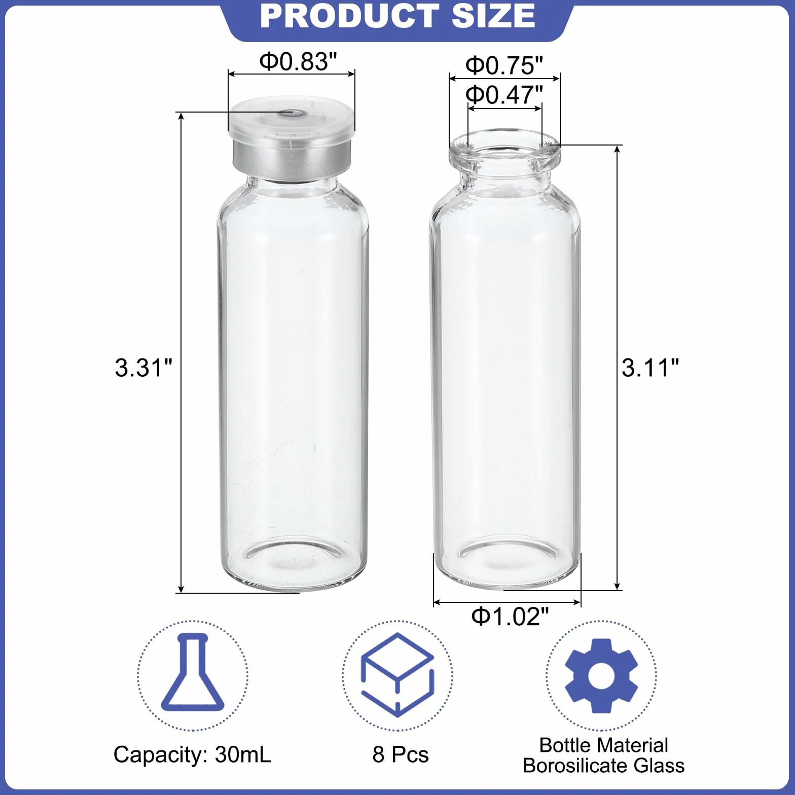 PATIKIL 30ml Fiale 8 Pacco Laboratorio Vuote Fiale con Butile Gomma Tappo e pinze Superiore Tappi Borosilicato Vetro Fiala Trasparente
