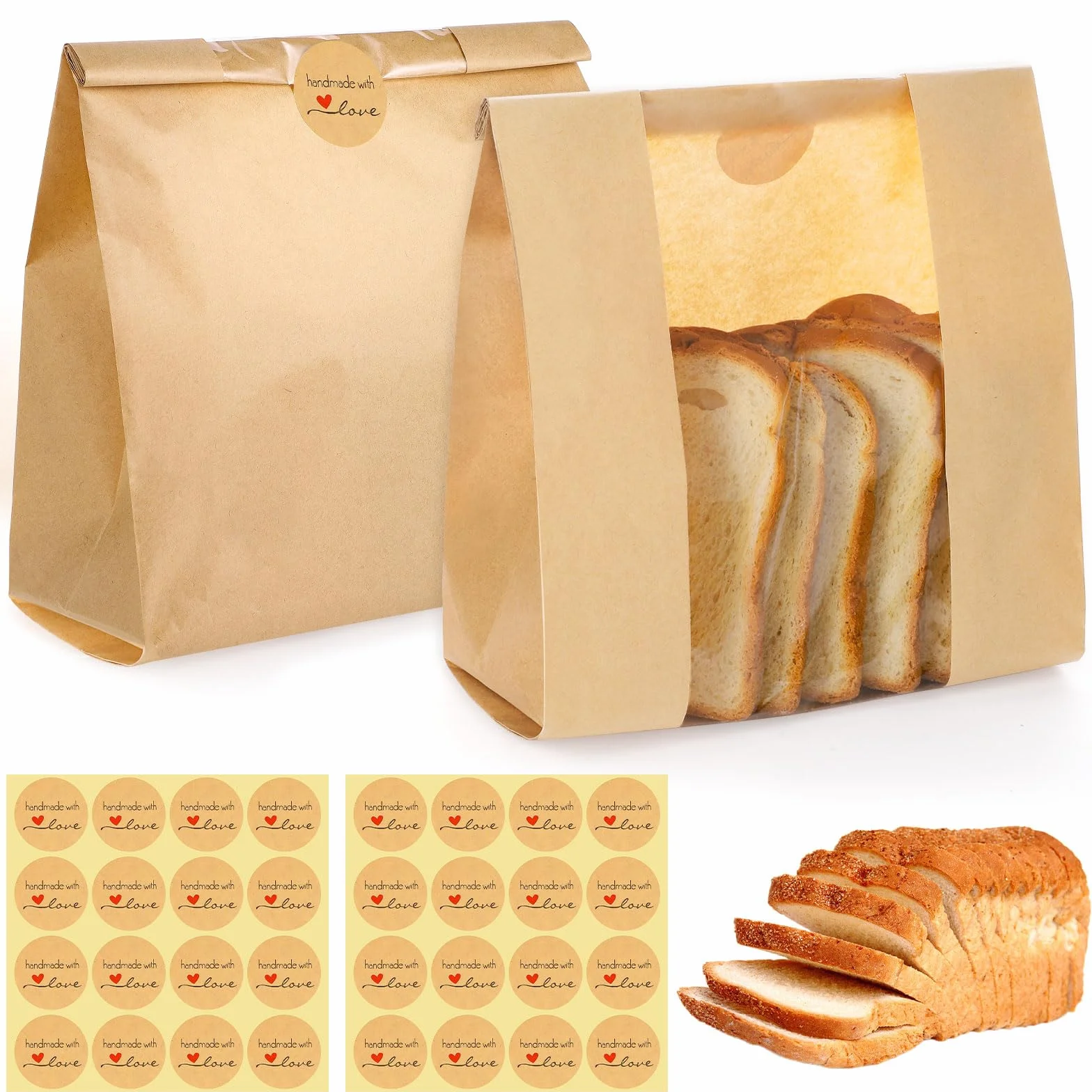 Confezione da 130 sacchetti di carta per pane fatto in casa con lievito naturale, sacchetti per pane con finestra, vengono forniti con 130 adesivi, possono essere utilizzati per confezionare toast
