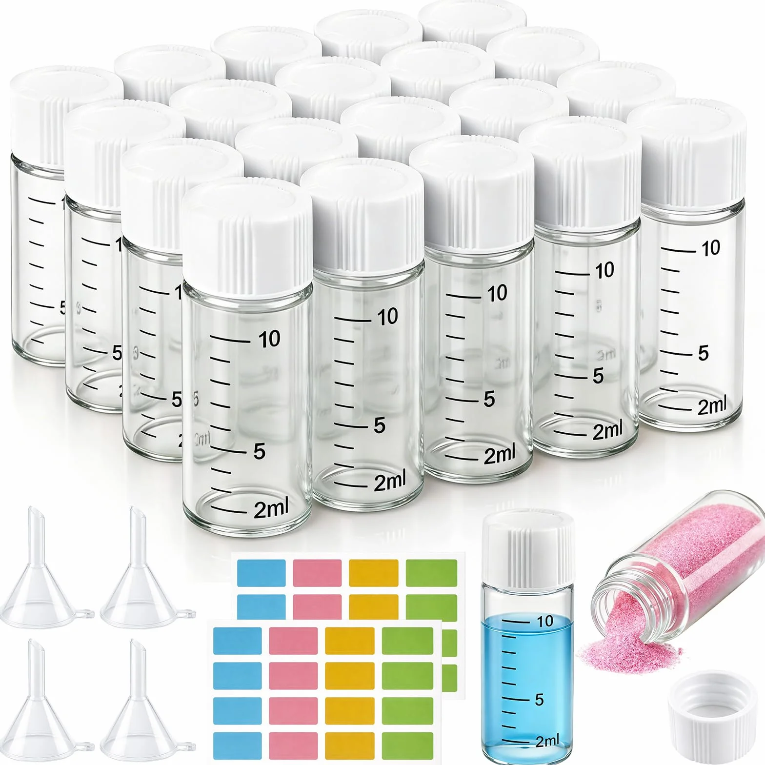 20 flaconcini di campione da 10 ml, piccole fiale di vetro con tappo a vite bianco, trasparente, campionamento di vetro, mini bottiglie di vetro con scala, flaconcini da laboratorio per