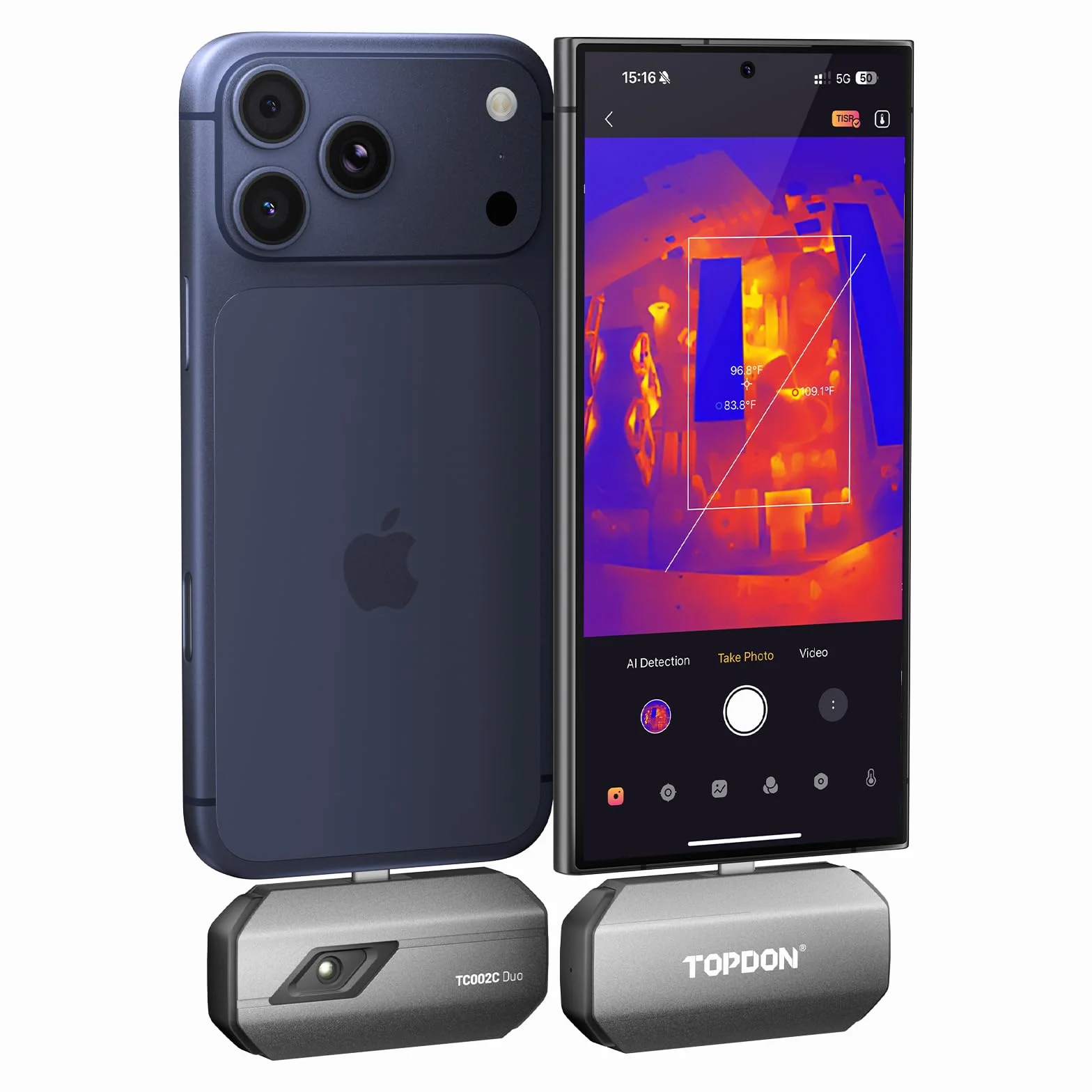 TOPDON Termocamera Professionale TC002C Duo per iPhone/Android, 512x384 Risoluzione TISR, Telecamera Termica da -20℃ a 550℃, Precisione 0.1℃, Frequenza di Aggiornamento 25Hz,40mK