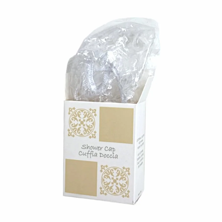 Cuffia doccia in astuccio,confezione da 100 pz, linea cortesia hotel, B&B, Casa Vacanze, linea Acanto Trasparente in polietilene