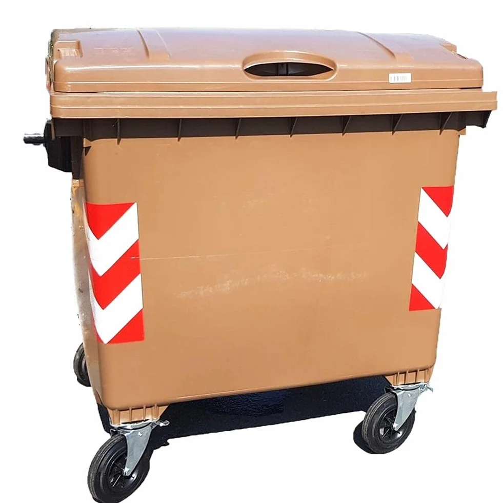 Cassonetto per la raccolta differenziata rifiuti, capacità 660 Lt, certificato UNI EN 840, coperchio piano, colore marrone