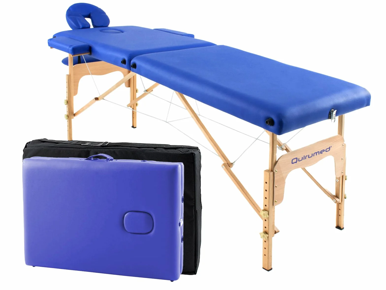 QUIRUMED Lettino da massaggio pieghevole in legno Easy, colore blu, 182 x 60 cm, ecopelle, portatile, leggera testa rimovibile, foro viso, altezza regolabile, fino a 120 kg