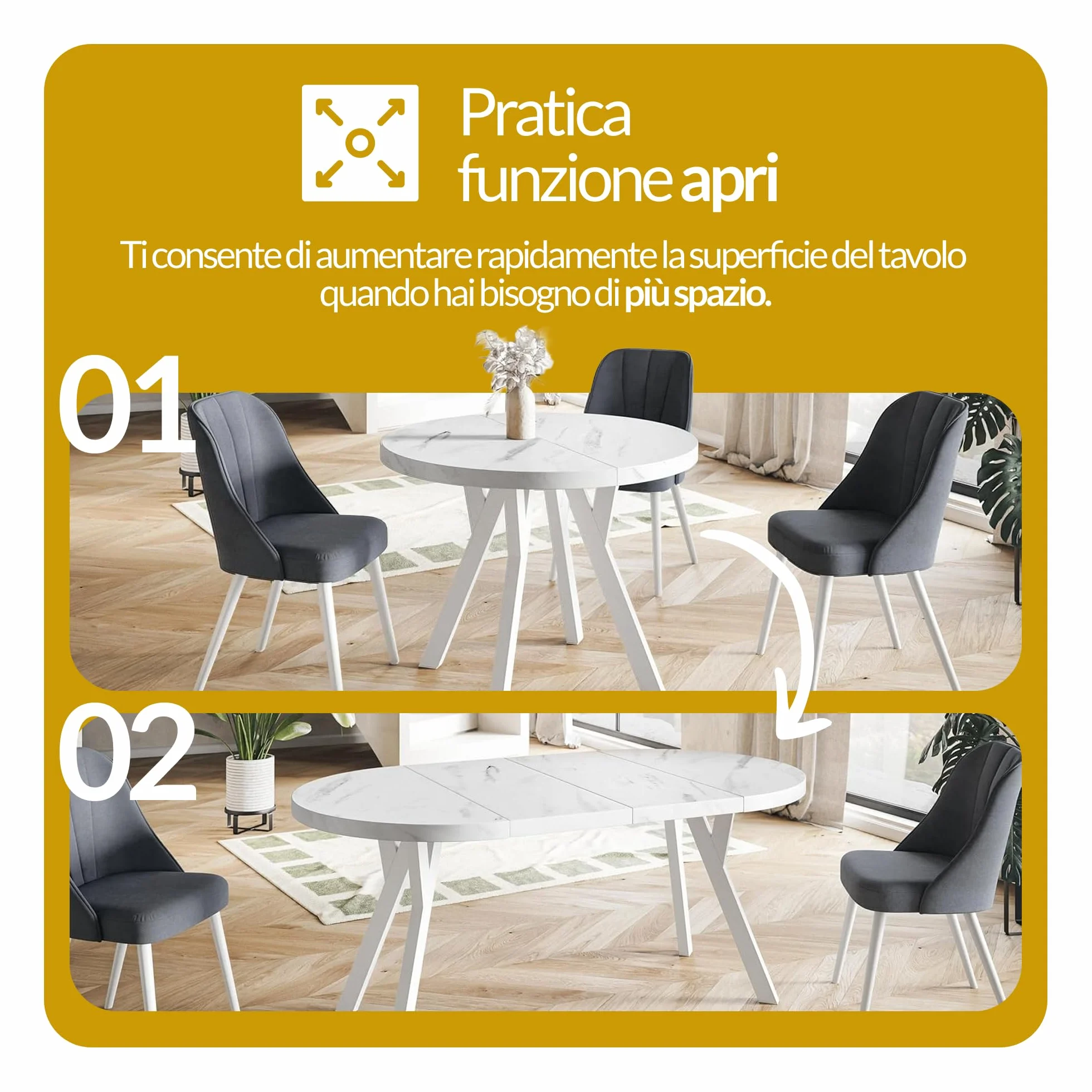 Tavolo da Pranzo Rotondo Allungabile Ovo - Piano in Laminato 36 mm - Diametro 90 cm - Marmo