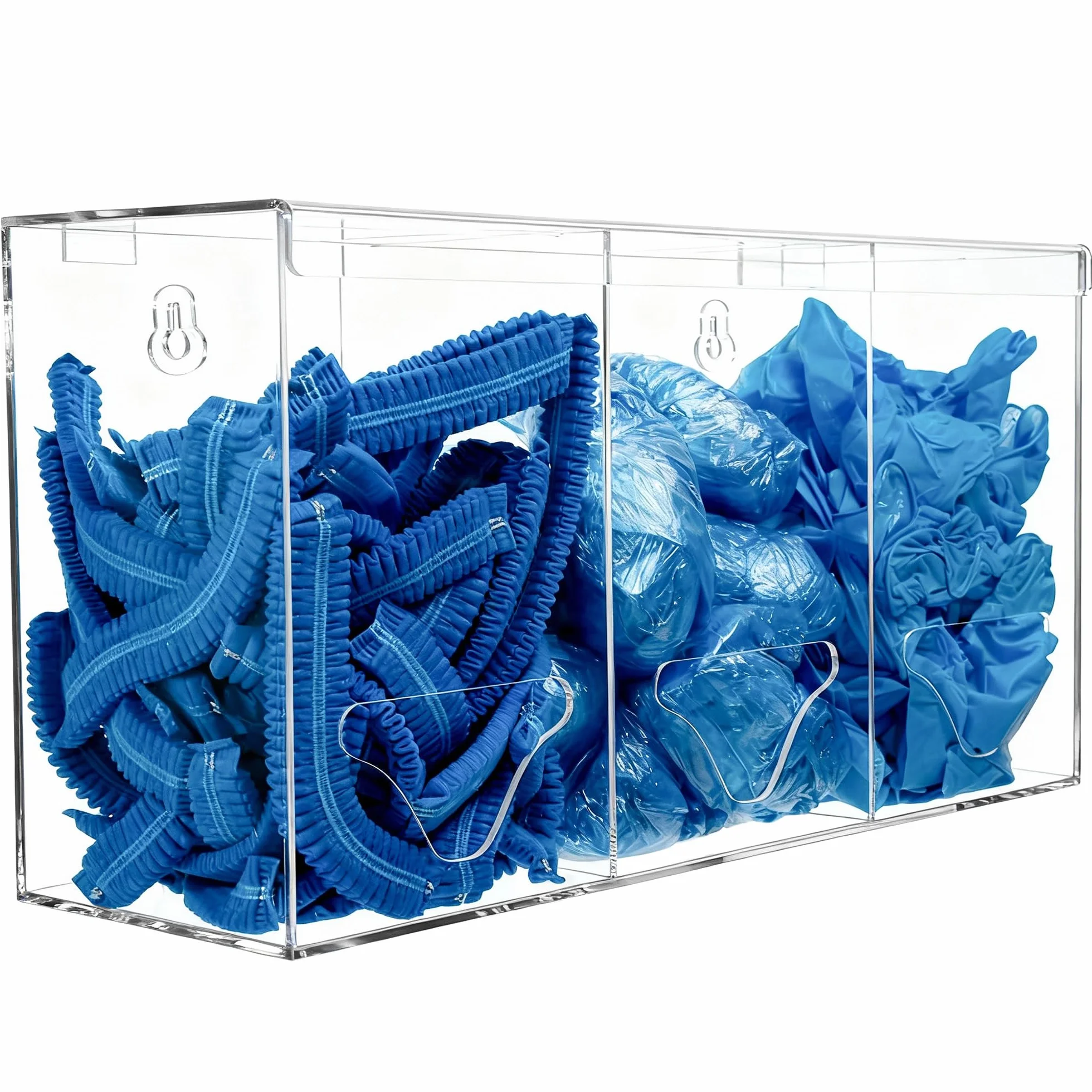 SEANADO Dispenser per guanti in acrilico trasparente con coperchio, 3 scomparti, per reti da barba, retine per capelli, sacchetti di plastica, copriscarpe, montaggio a parete o da tavolo