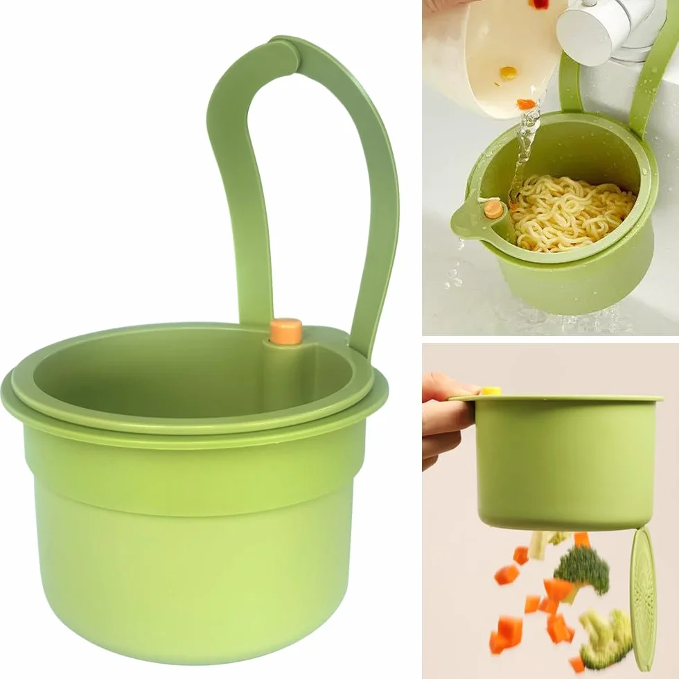 Cestino di scarico per lavello da Appendere, Cestello Filtro per Lavello Cucina, Cestino filtro rimovibile per lavare e scolare, Colino in Plastica Rubinetto con Pulsante a Scatto (Verde)