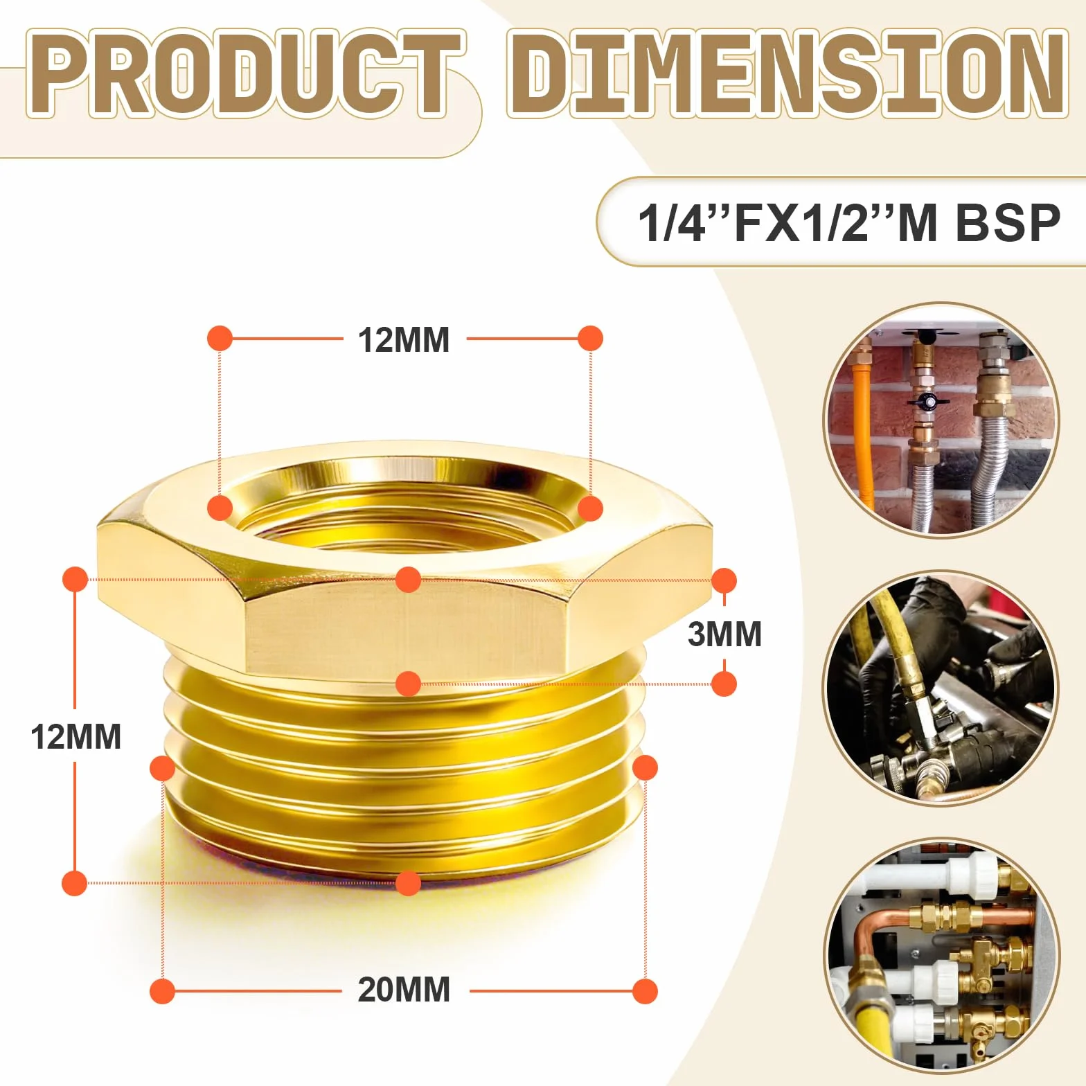 Bwintech Reduktor Boczek Hexagonalny 1/4" Żeński 1/2" Męski BSP Mosiądz