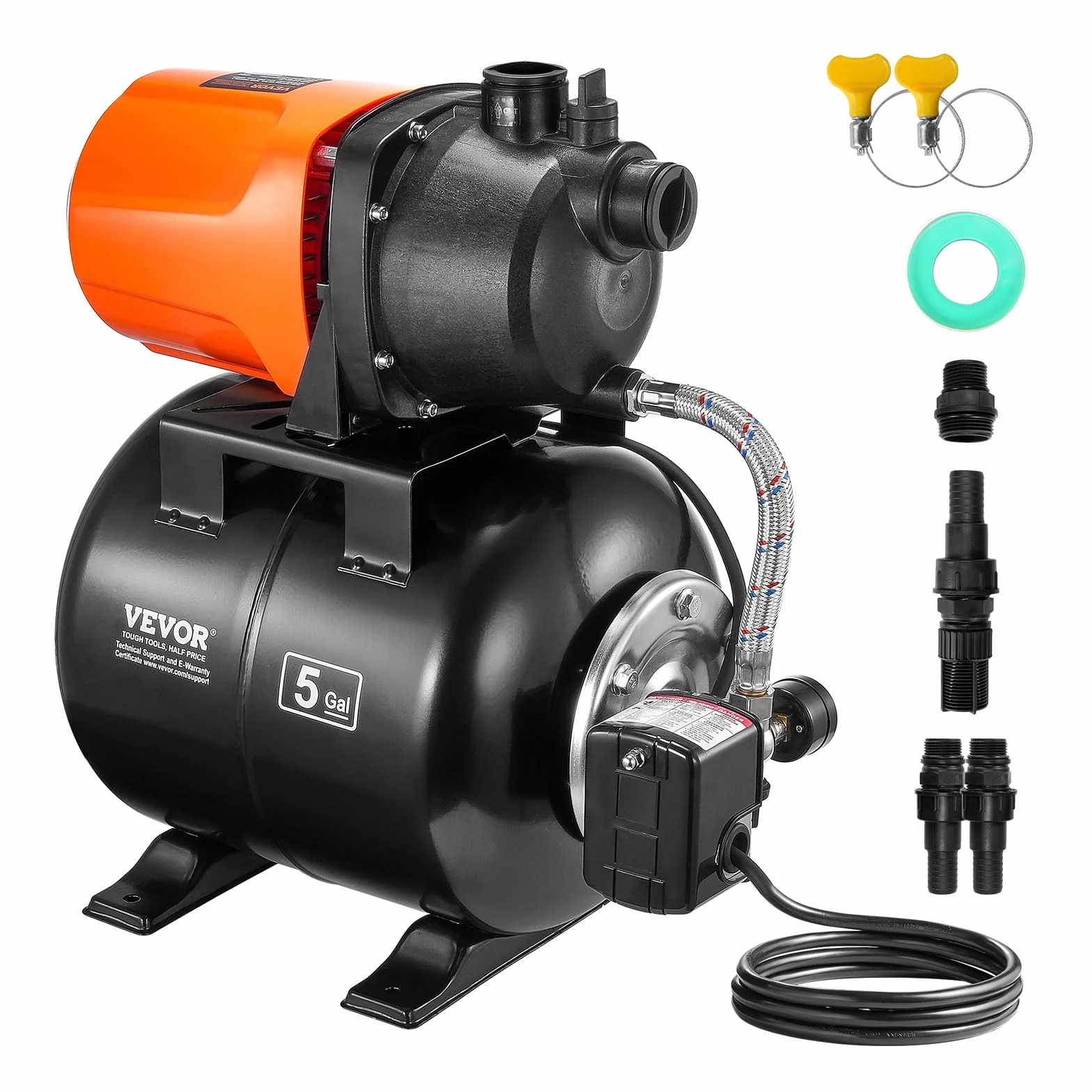 VEVOR Pompa per Pozzi Poco Profondi da 750 W 3700 L/H Pompa Aumento Pressione Automatica Irrigazione, Serbatoio di Pressione 19 L, Pressostato, Sollevamento 50 m Testa della Pompa in Termoplastico