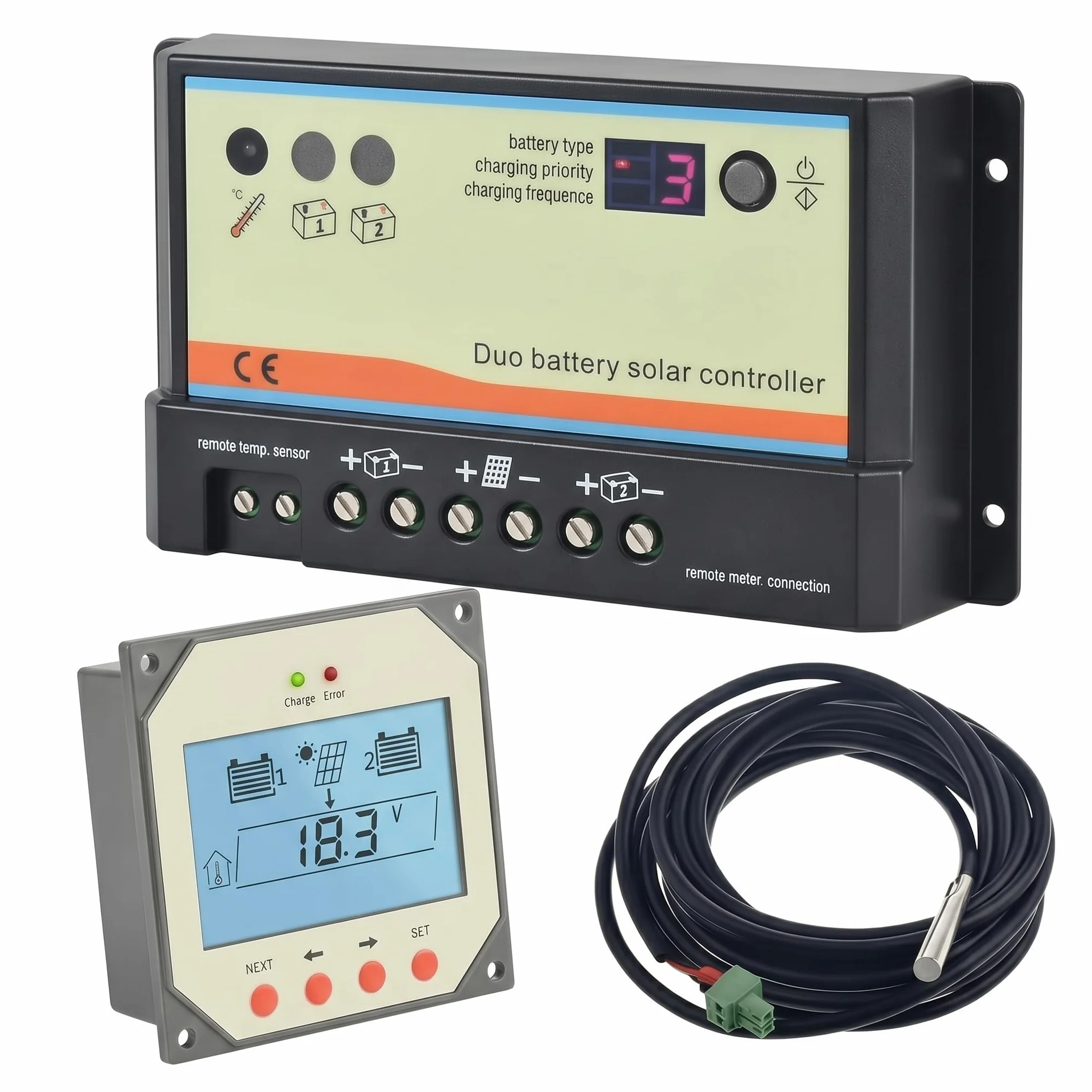EPEVER Regolatore di carica a doppia batteria PWM 10A, auto 12V 24V per camper, barca, roulotte, bus o sistema solare a due batterie (DB 10A + MT1 + RTS)