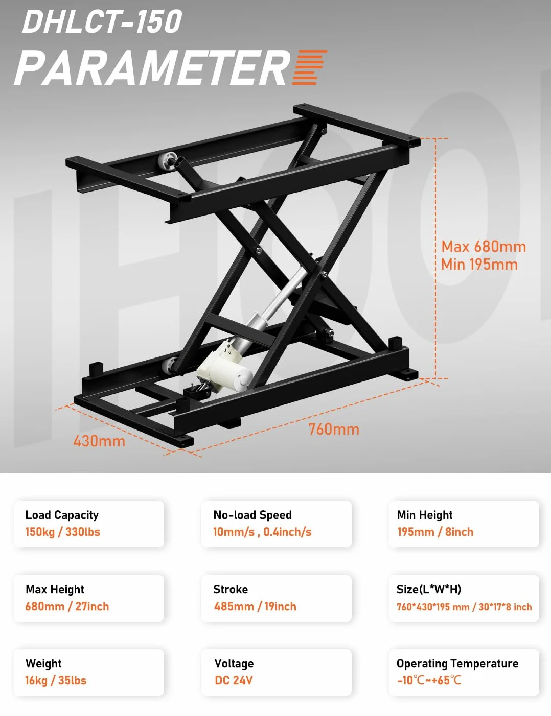 DIHOOL Electric Lifting Tables 150kg Carico, 195-680 mm Altezza Regolabile Forbici Tavolo, Pedal Control