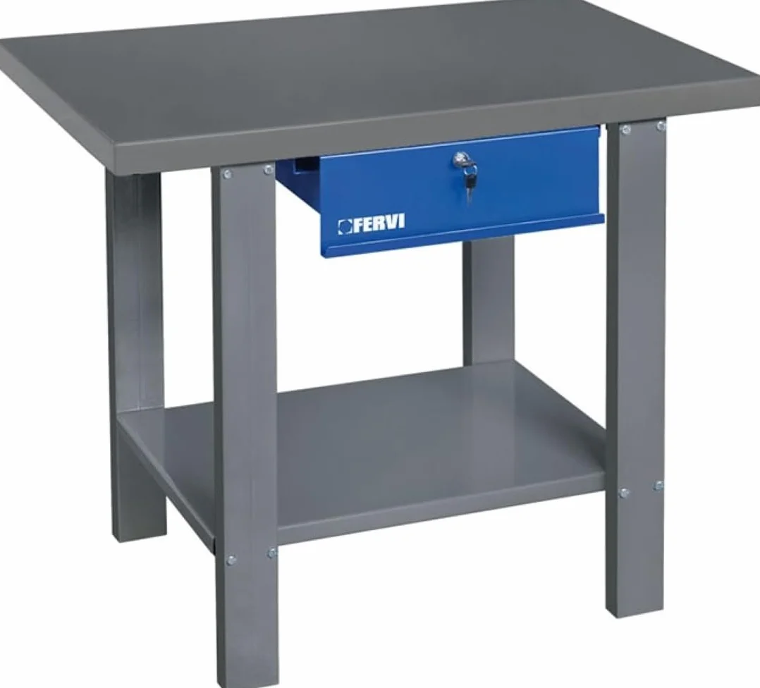 BANCO DA LAVORO IN KIT DI MONTAGGIO CON PIANO IN LAMIERA E CASSETTO CON CHIAVE FERVI B015/10