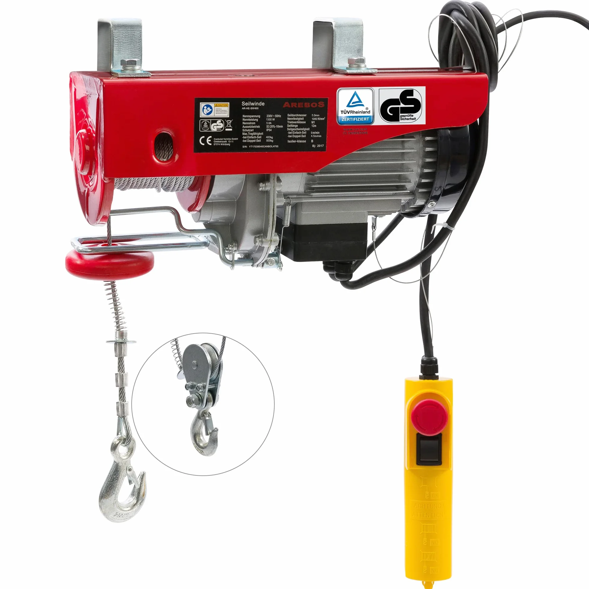 Arebos Paranco Elettrico | 400/800 kg | 1300W | Verricello Elettrico | Montacarichi da Balcone con Telecomando | altezza di sollevamento 12m | Verricellomontacarichi di Sollevamento