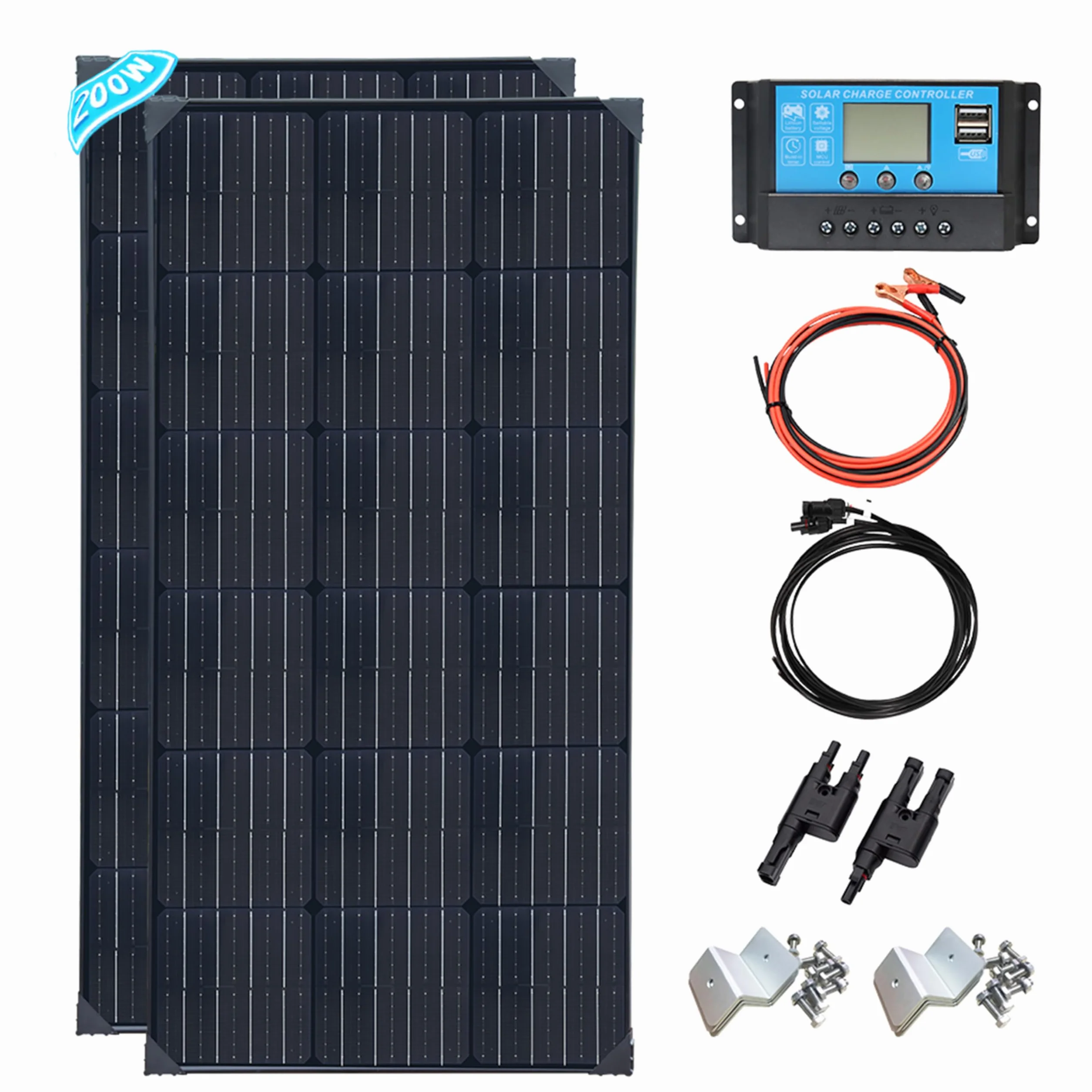 XINPUGUANG kit pannello solare 200w Sistema di pannello solare 12v 2 x 100 Watt Mono Modulo fotovoltaico 20A controllore di carica solare per camper, barche, caravan, hangar, batterie