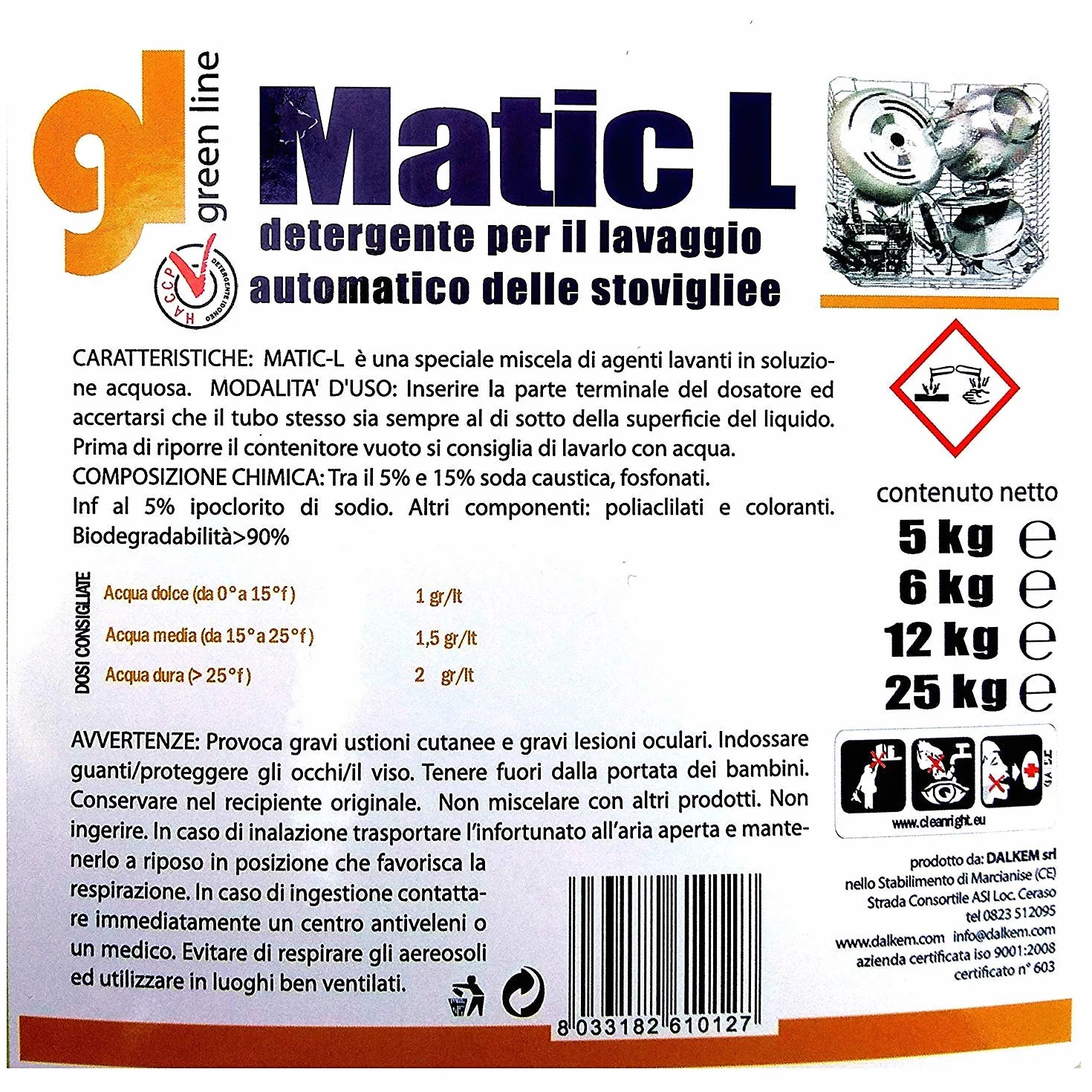 Matic L Detersivo professionale concentrato liquido lavastoviglie, Lavabicchieri, Lavatazzine bar - 1 tanica da 25 kg conforme haccp