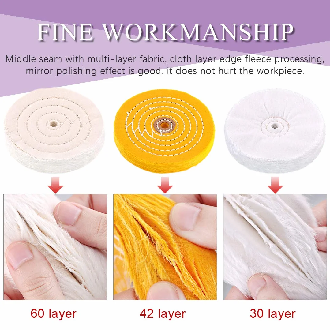 Swpeet 6 pezzi dischi per lucidatura lucidanti professionali da 6 pollici con kit di composti lucidanti a 3 colori, incluso cotone (60 strati), giallo (42 strati) e flanella (30 strati)