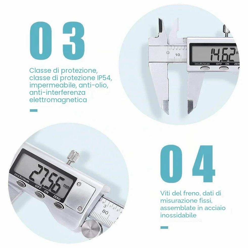 Calibro Digitale, Precisione Calibri in Acciaio Inox 150mm con Ampio Display LCD Micrometro Digitale Professionale per Misurazione Esterne, Interne, Profondità e di Passo