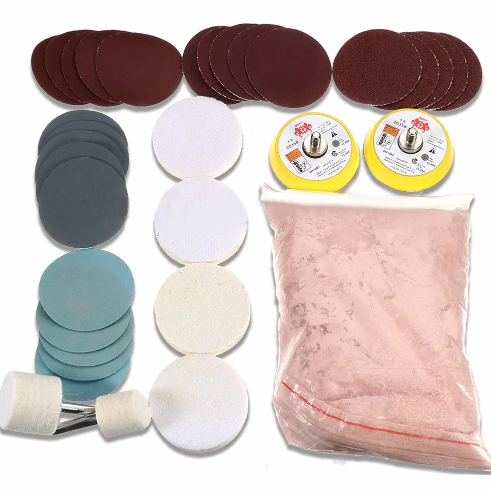 Kit di lucidatura del vetro, 34 pezzi, rimozione di graffi profondi, 8 oz 230 g, polvere di ossido di cerio e tamponi di lucidatura, disco da levigare 50 mm / 2"