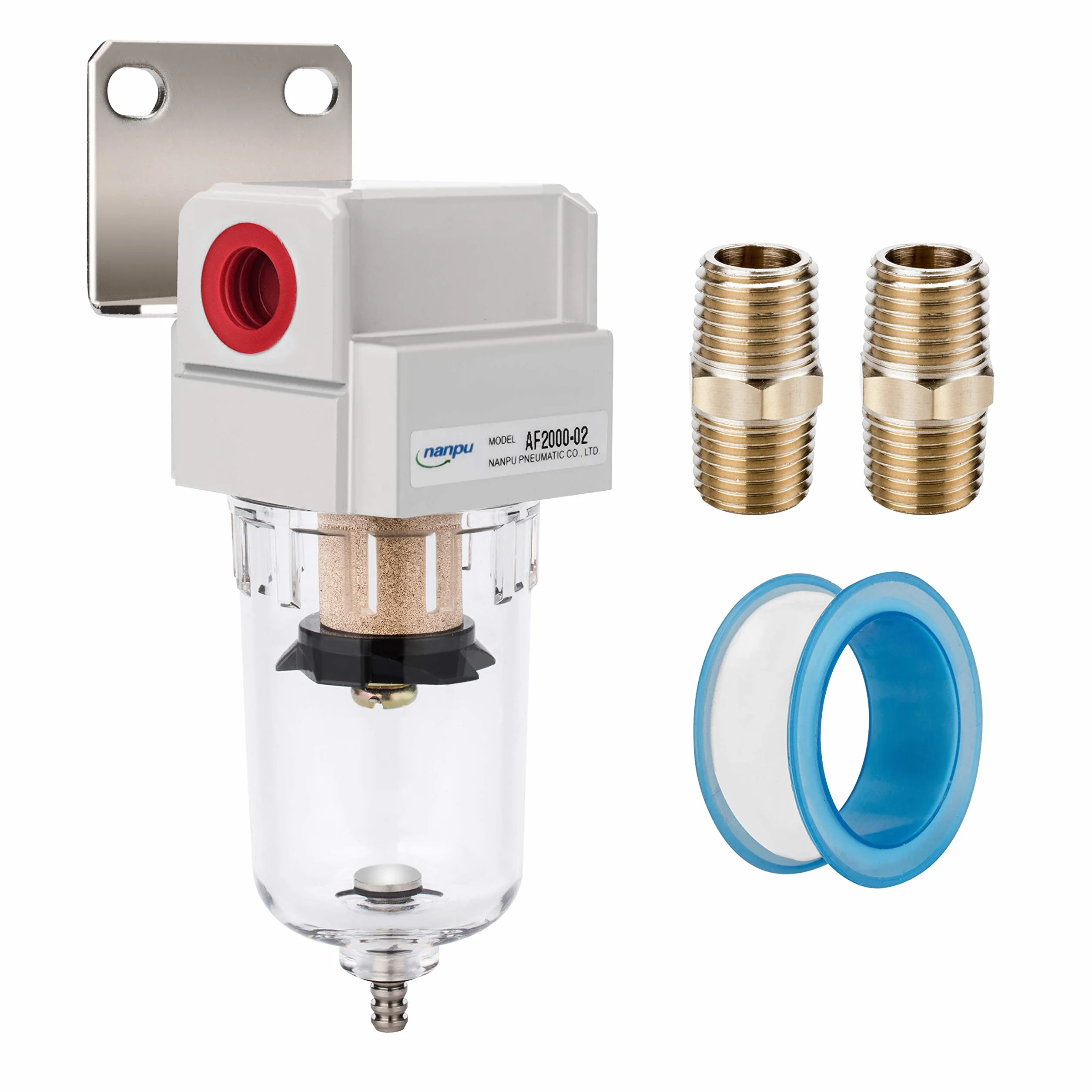 NANPU 1/4" BSPP Aria Compressa Filtro, Separatore Trappola Acqua - Tazza in Polietilene, Scarico Semiautomatico, Staffa Metallica