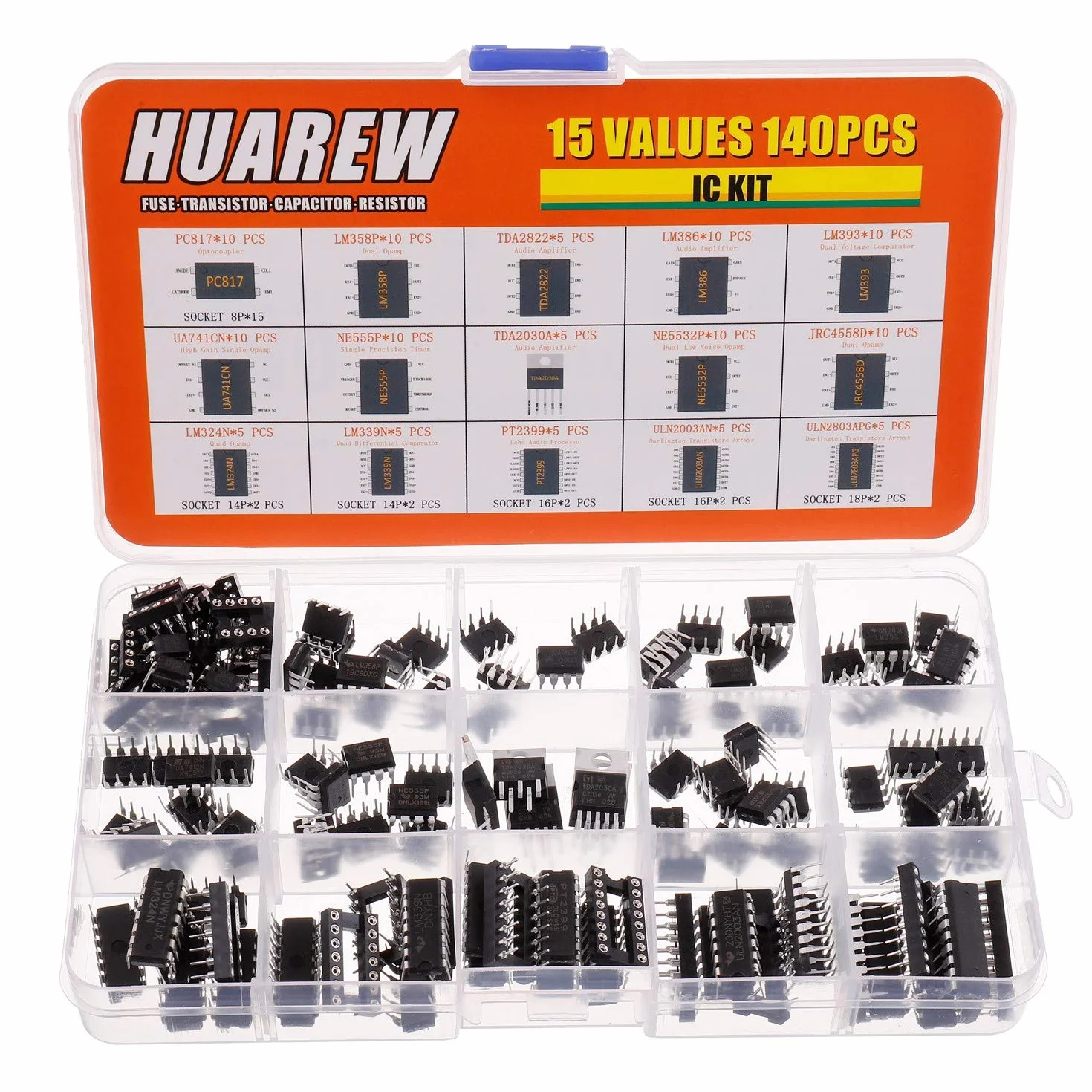 15 Valori 140 pezzi Timer Opamp Accoppiatore Darlington PC817 LM358P TDA2822 LM386 LM393 UA741CN NE555P TDA2030A NE5532P JRC4558D LM324N LM339N PT2399 ULN2003AN ULN2803APG IC Assortimento Kit