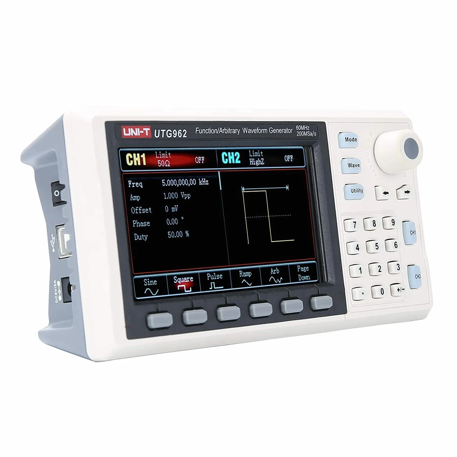 UNI-T UTG962E Generatore di segnale, DDS 60 MHz Function Arbitrary Waveform Generator con TFT LCD da 4,3 pollici, misuratore di frequenza 200 MSa/s a 2 canali (110-240 V EU Plug)