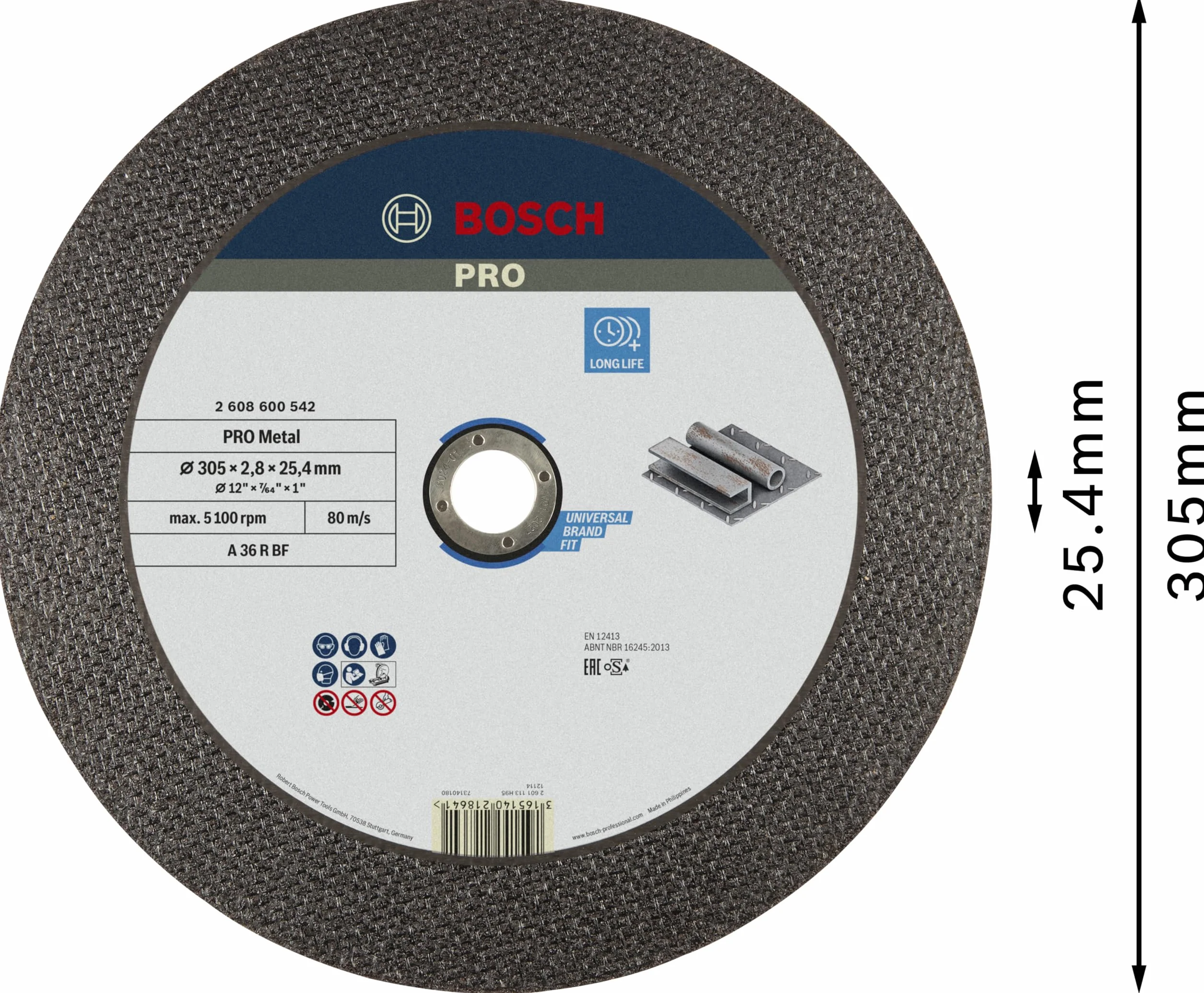 Bosch 1x Mola da taglio PRO Metal di lunga durata per troncatrici, foro 25,4 mm (per Acciaio, Ø 305 mm, Professional Accessorio Troncatrice)