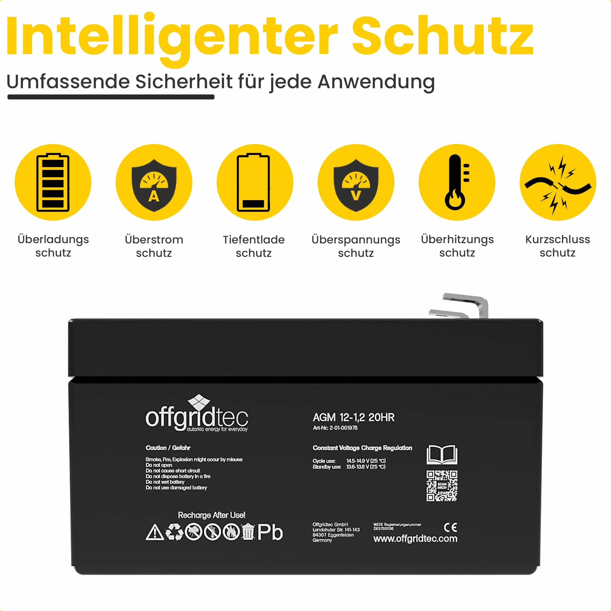 Offgridtec Agm Batteria Solare Estremamente Zyklenfest 1,2 Ah 20 Stuende 12 V, 2 – 01 – 001975
