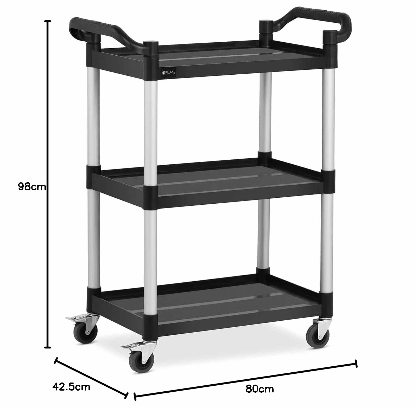 Royal Catering Carrello Portavivande Professionale Da Cucina In Plastica Carrello Di Servizio Ristorante RC-PSTB3800 (3 ripiani, 63 x 40 cm, 90 kg, Nero)
