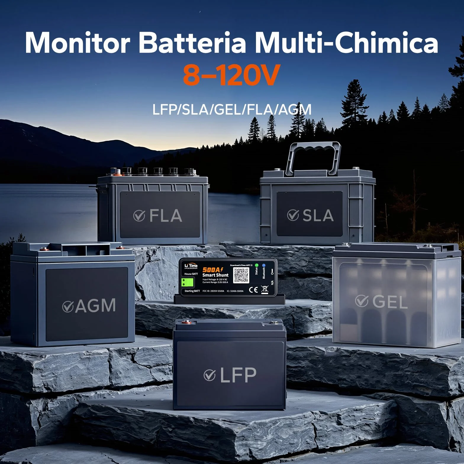 LiTime Smart Shunt 500A, Monitor Batteria Bluetooth 8V-120V con SOC, Allarmi e Cronologia tramite App per Batterie Litio/LiFePO4, AGM, GEL, per Camper, Barca e Accumulo Domestico