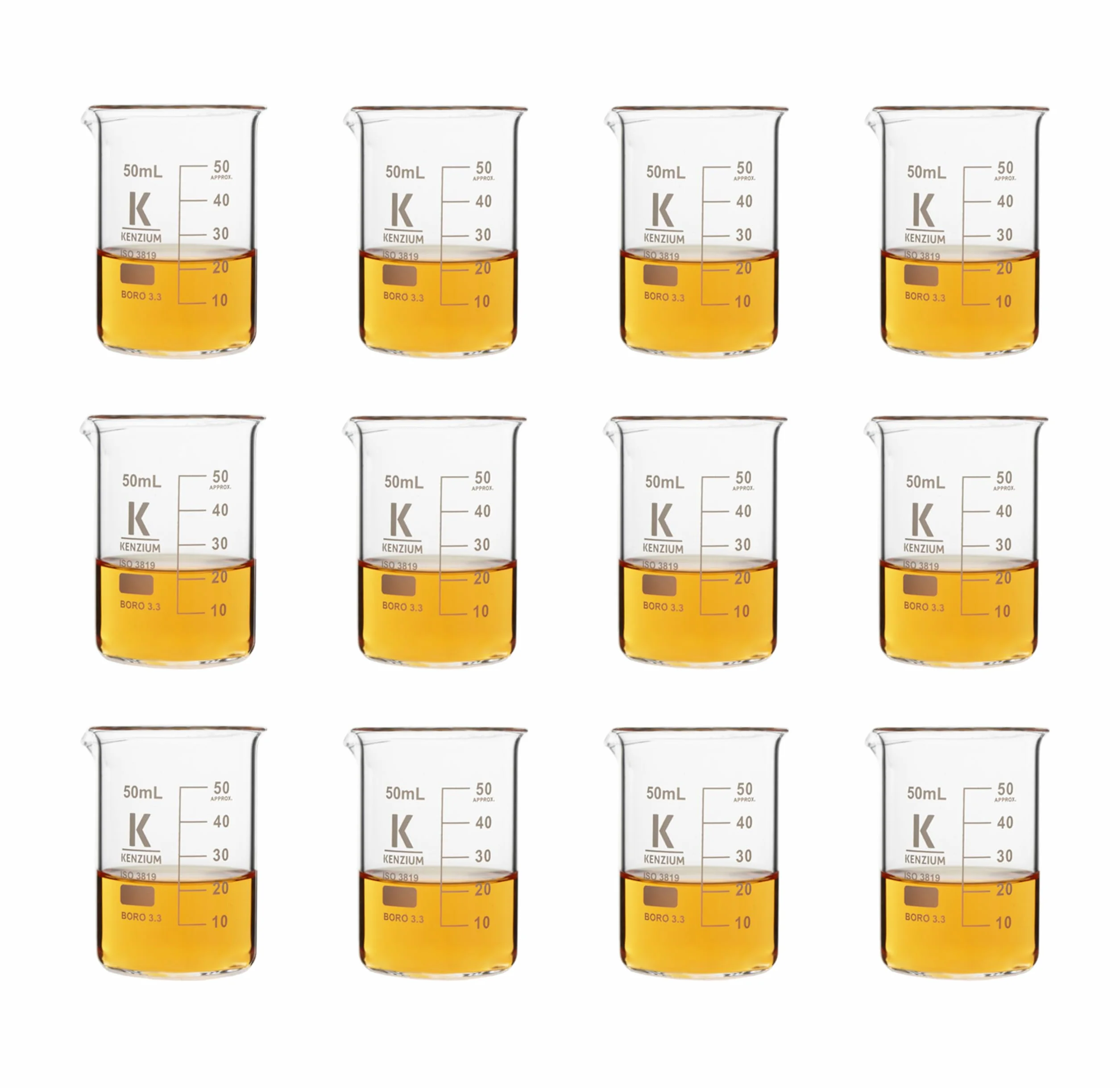Confezione da 12 x bechers | Volume: 50 ml | Vetro borosilicato 3.3 | Forma bassa | Graduato con Beccuccio per tutti i tipi di campioni | Alta Resistenza, Autoclavabile