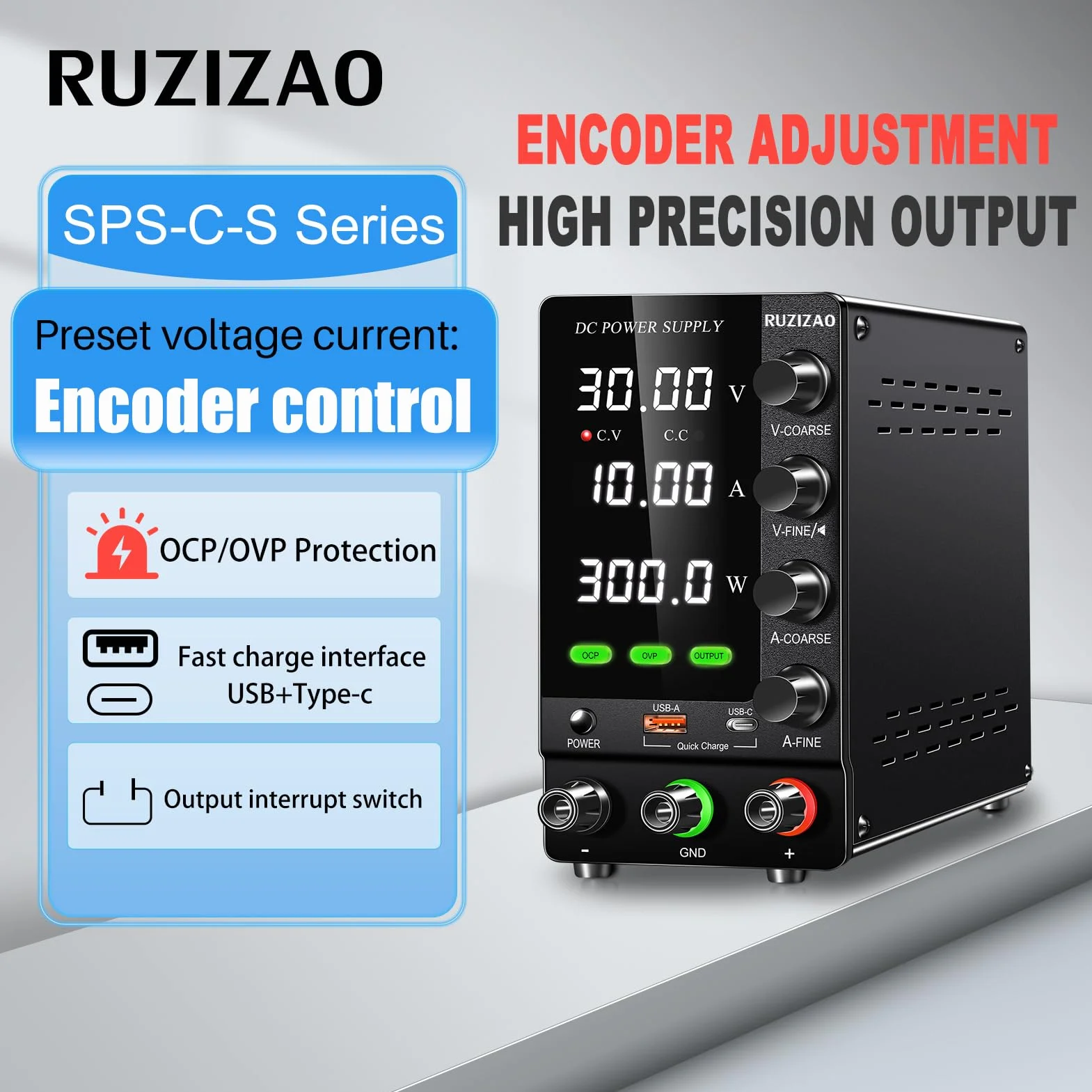 Alimentatore regolabile 30 V 10 A Alimentazione da Laboratorio con OCP/OVP/Output/Encoder/18 W USB di Ricarica Rapida, Alimentazione Banca per Test/Ricarica delle Batterie
