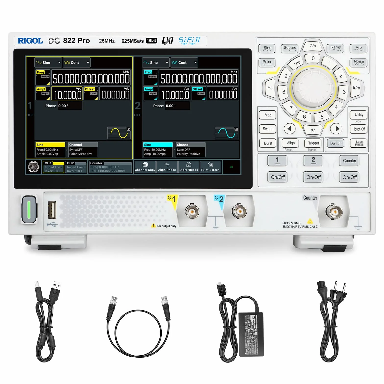 RIGOL Generatore di Segnale,DG822 Pro Generatore di Funzioni,25 MHz,2 Canale,Risoluzione a 16 bit,Schermo touchscreen HD da 7",Ultra-portatile,Perfetto per test sul campo e didattica in laboratorio