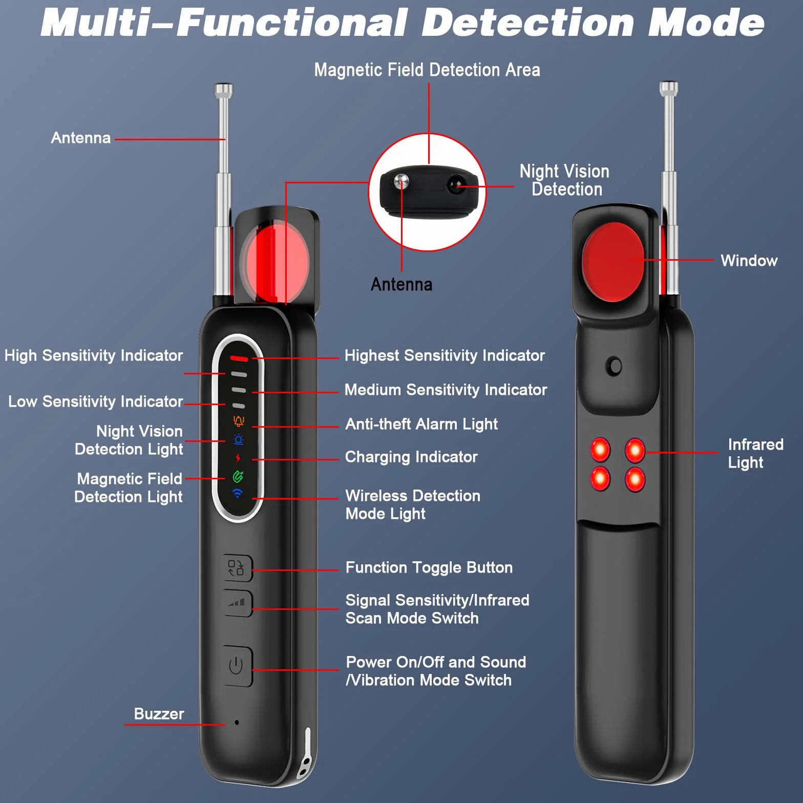 Rilevatore Microspie, Detector Telecamere Nascoste, Rilevatore di Cimici e microspie con 4 Livelli di Sensibilità per Casa, Hotel, Viaggi